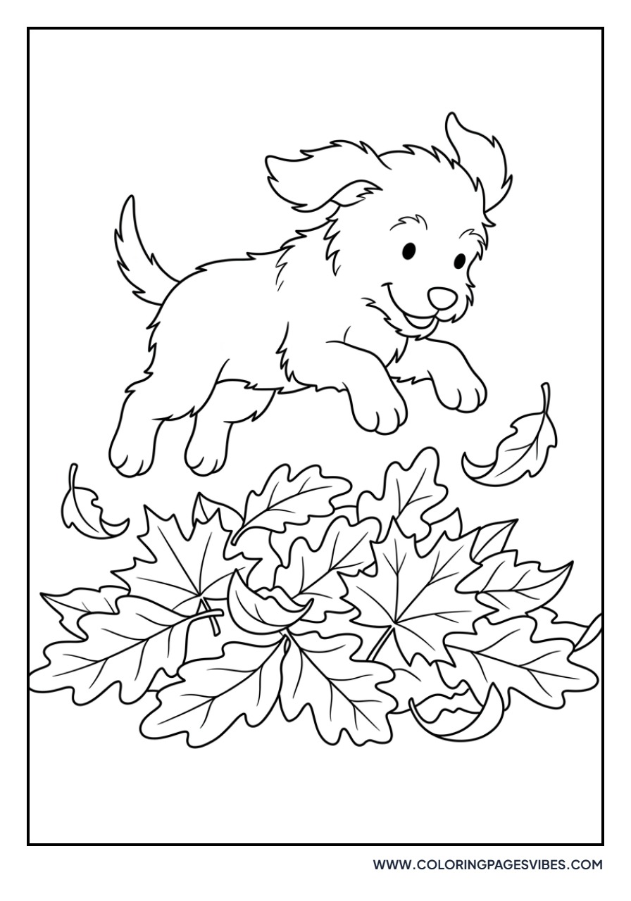 Golden Retriever Puppy Playing with Autumn Leaves