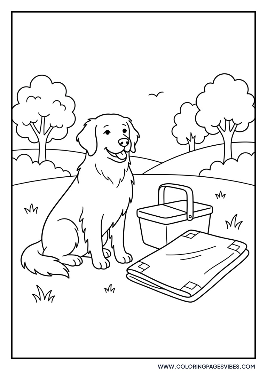 Golden Retriever with a Picnic Basket