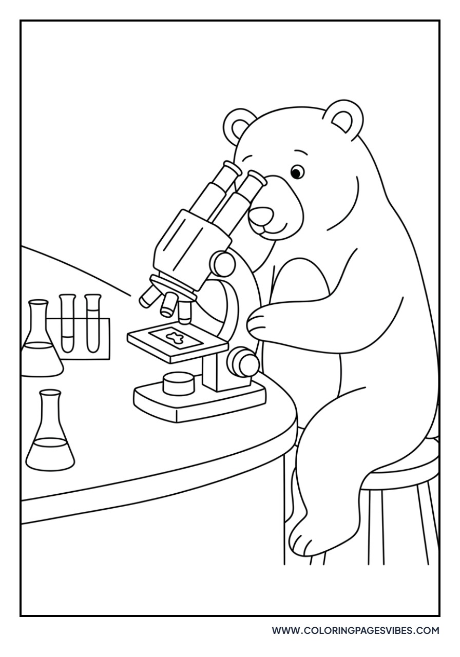 Grizzly Bear Scientist at Microscope