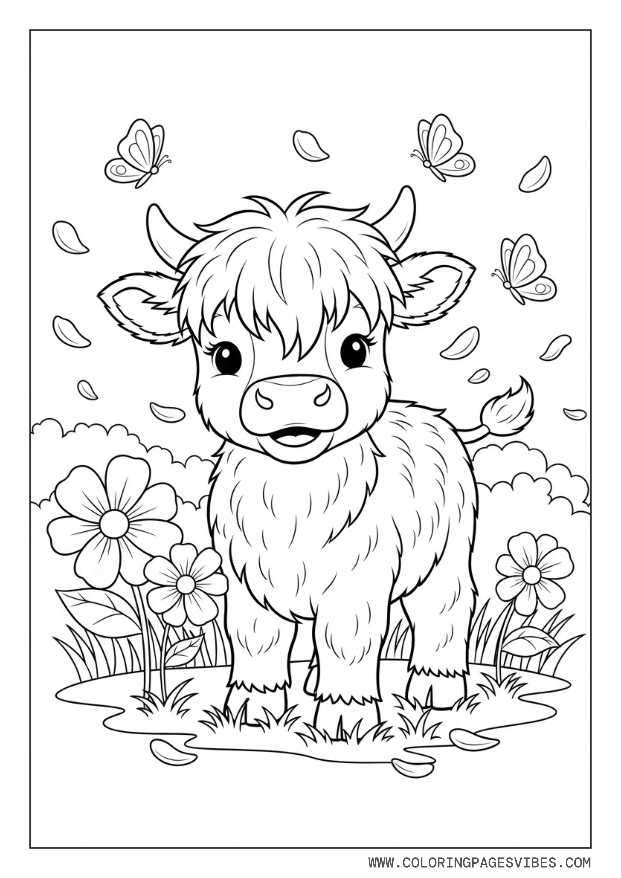 Baby Highland Cow in Flower Meadow