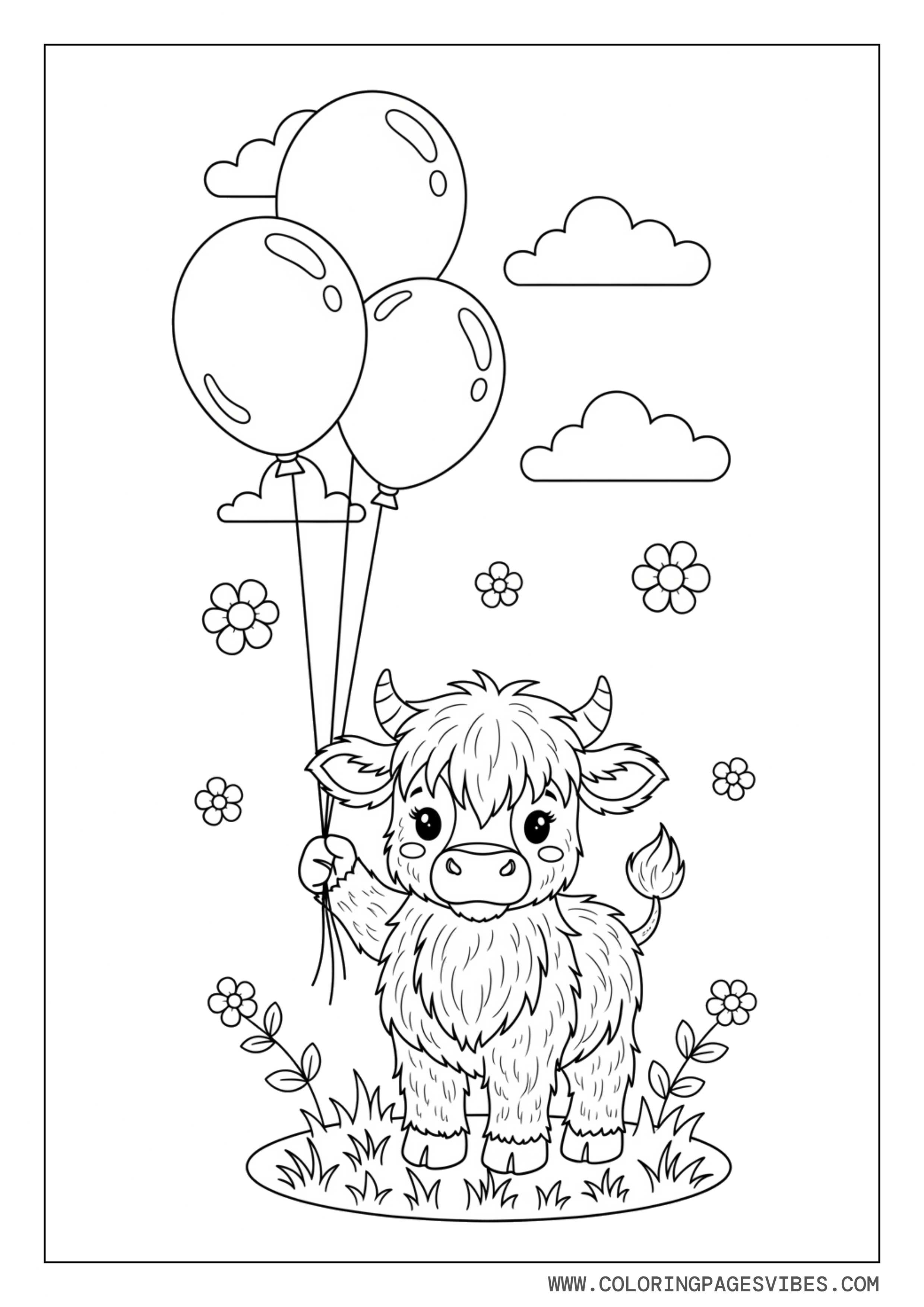 Baby Highland Cow with Balloons in Field