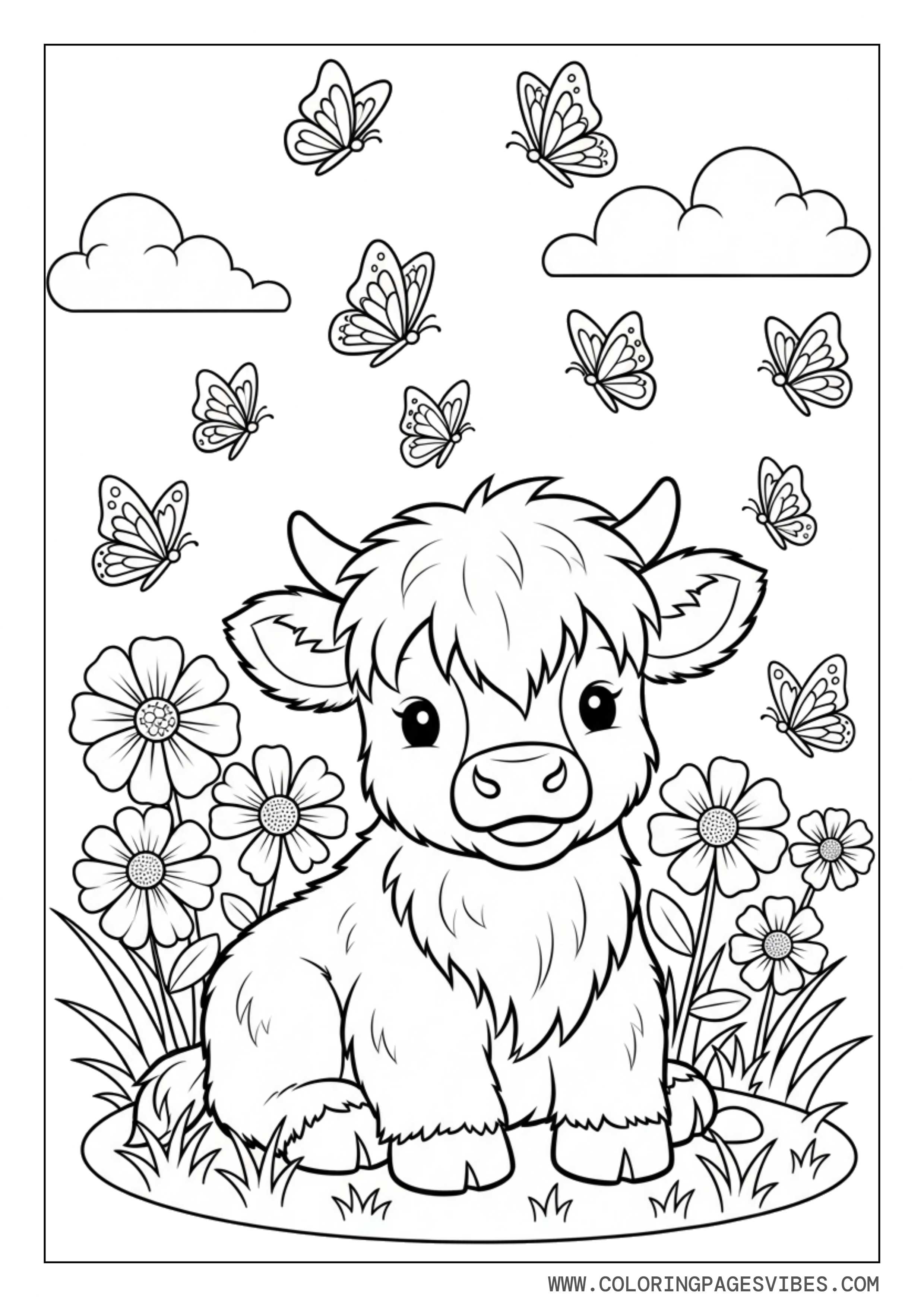 Baby Highland Cow with Butterfly Garden
