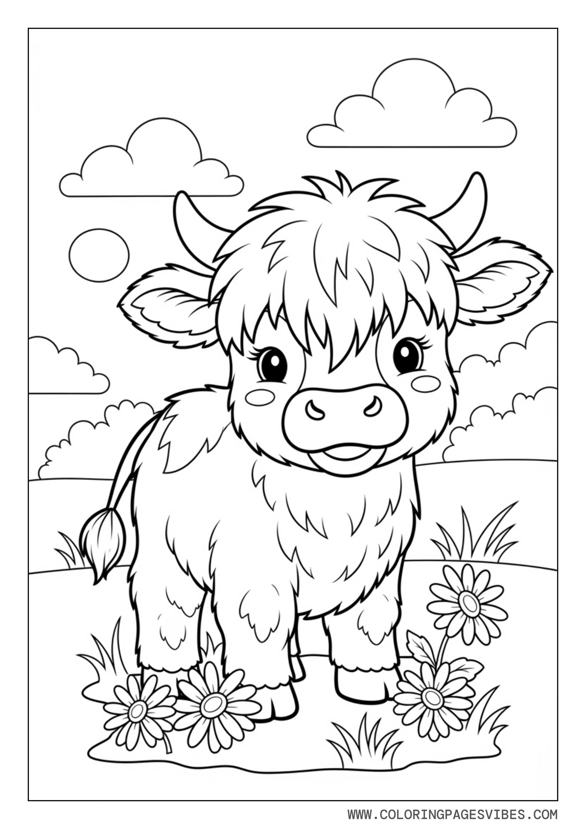 Baby Highland Cow with Daisy Flowers