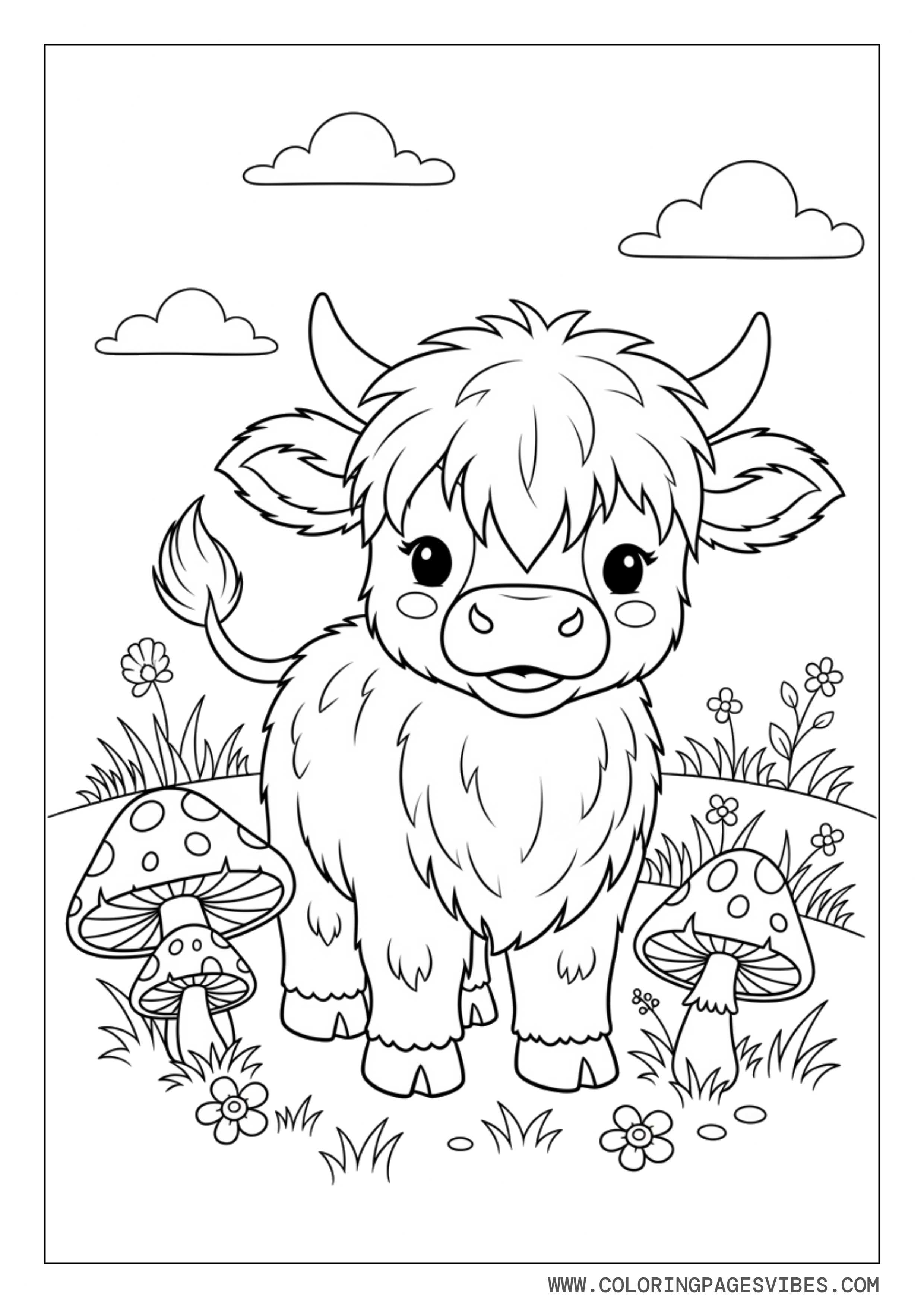 Baby Highland Cow with Mushrooms