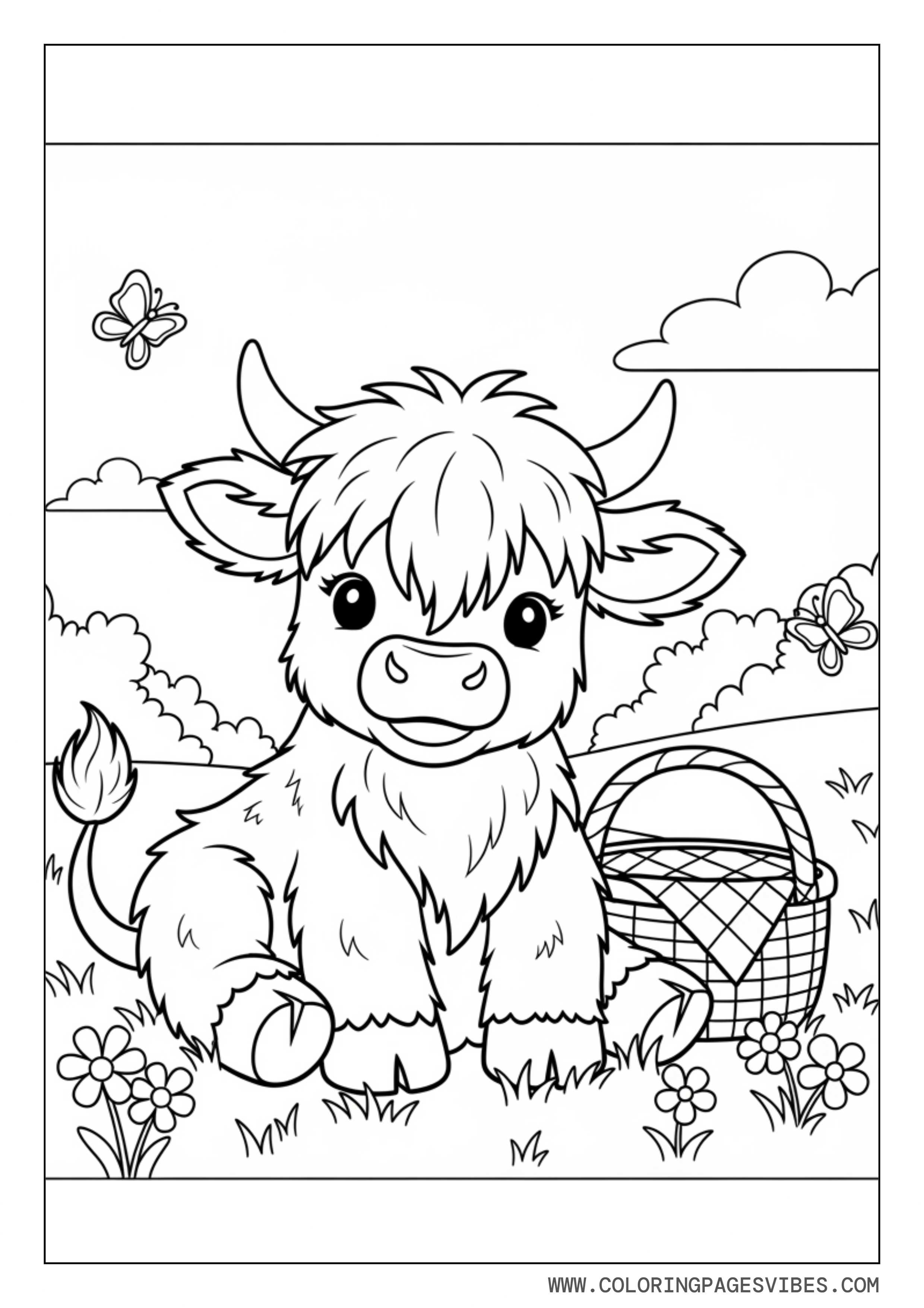Baby Highland Cow with Picnic Basket