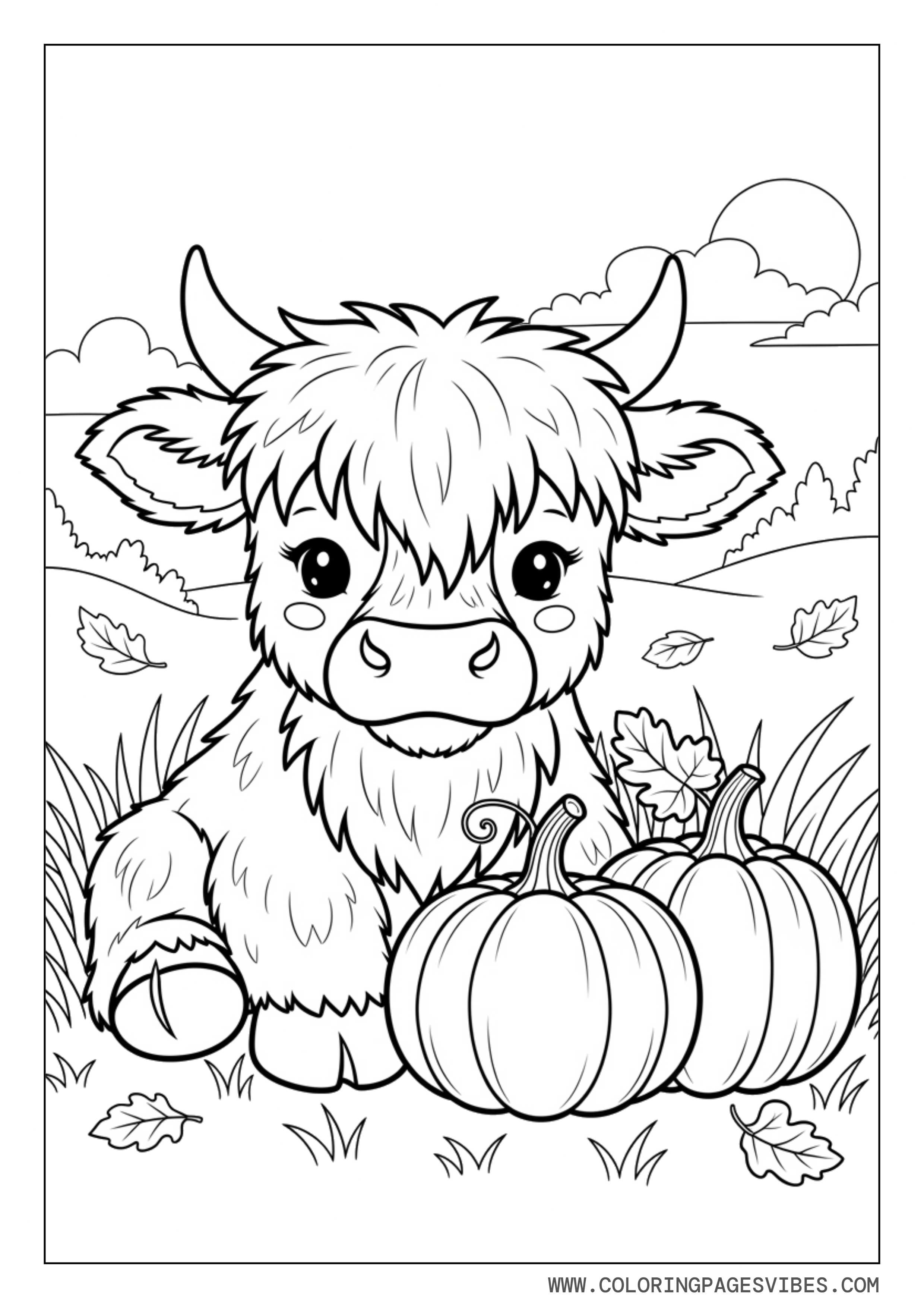 Baby Highland Cow with Pumpkins