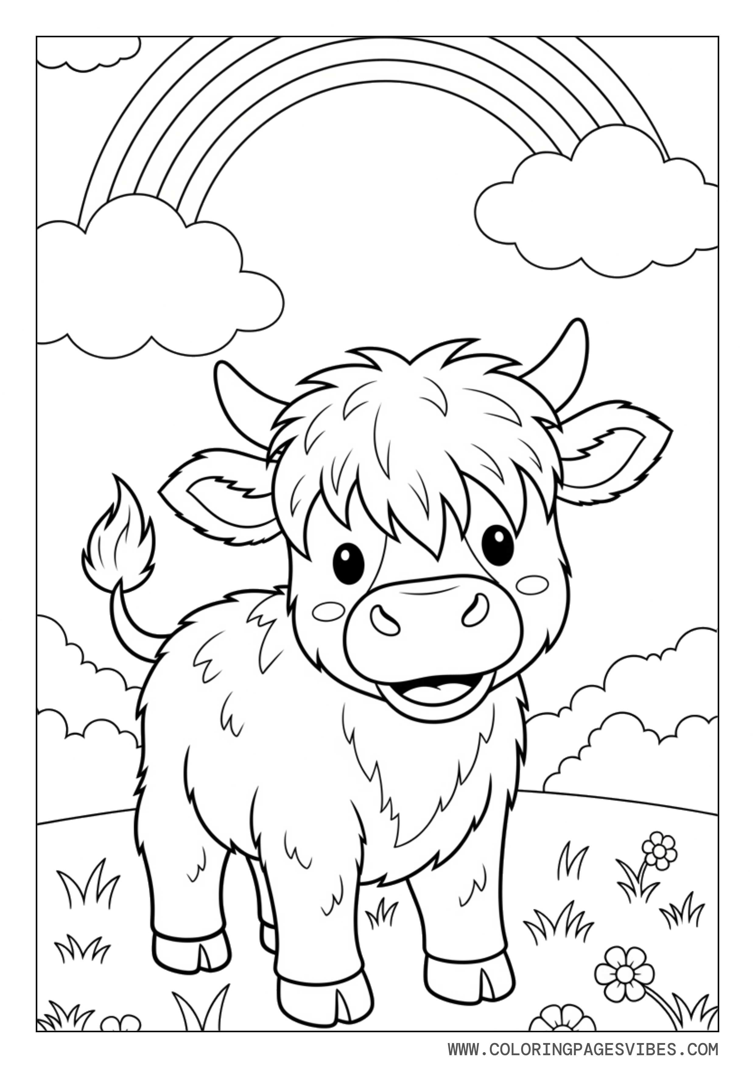 Baby Highland Cow with Rainbow