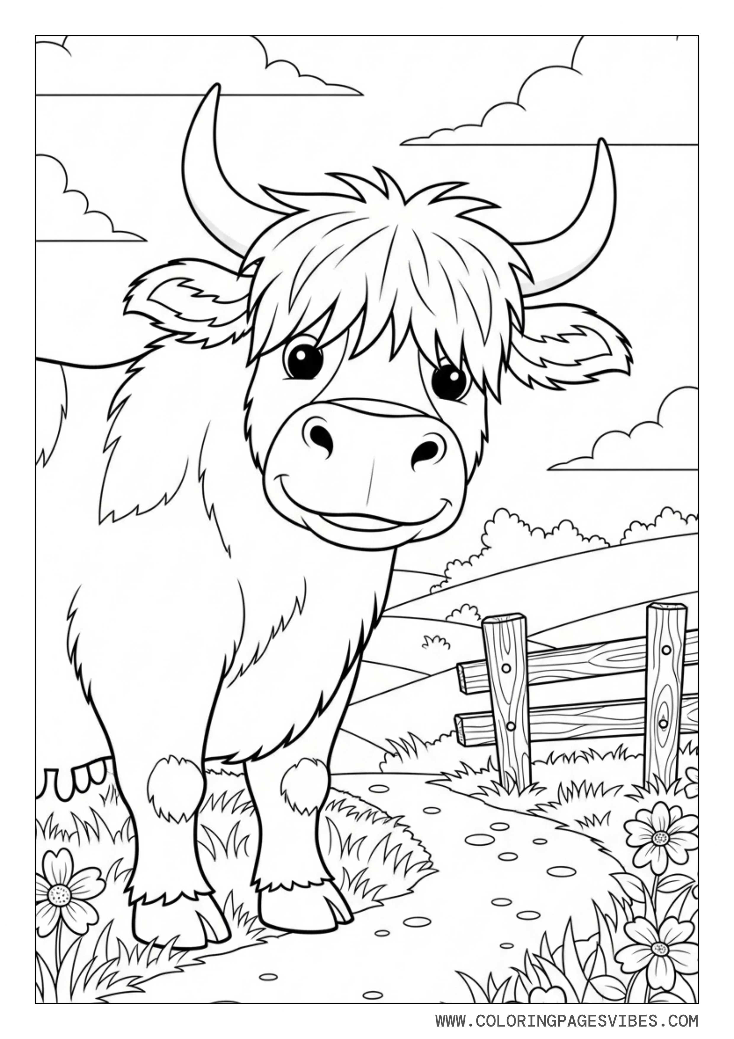 Highland Cow by Country Fence Path