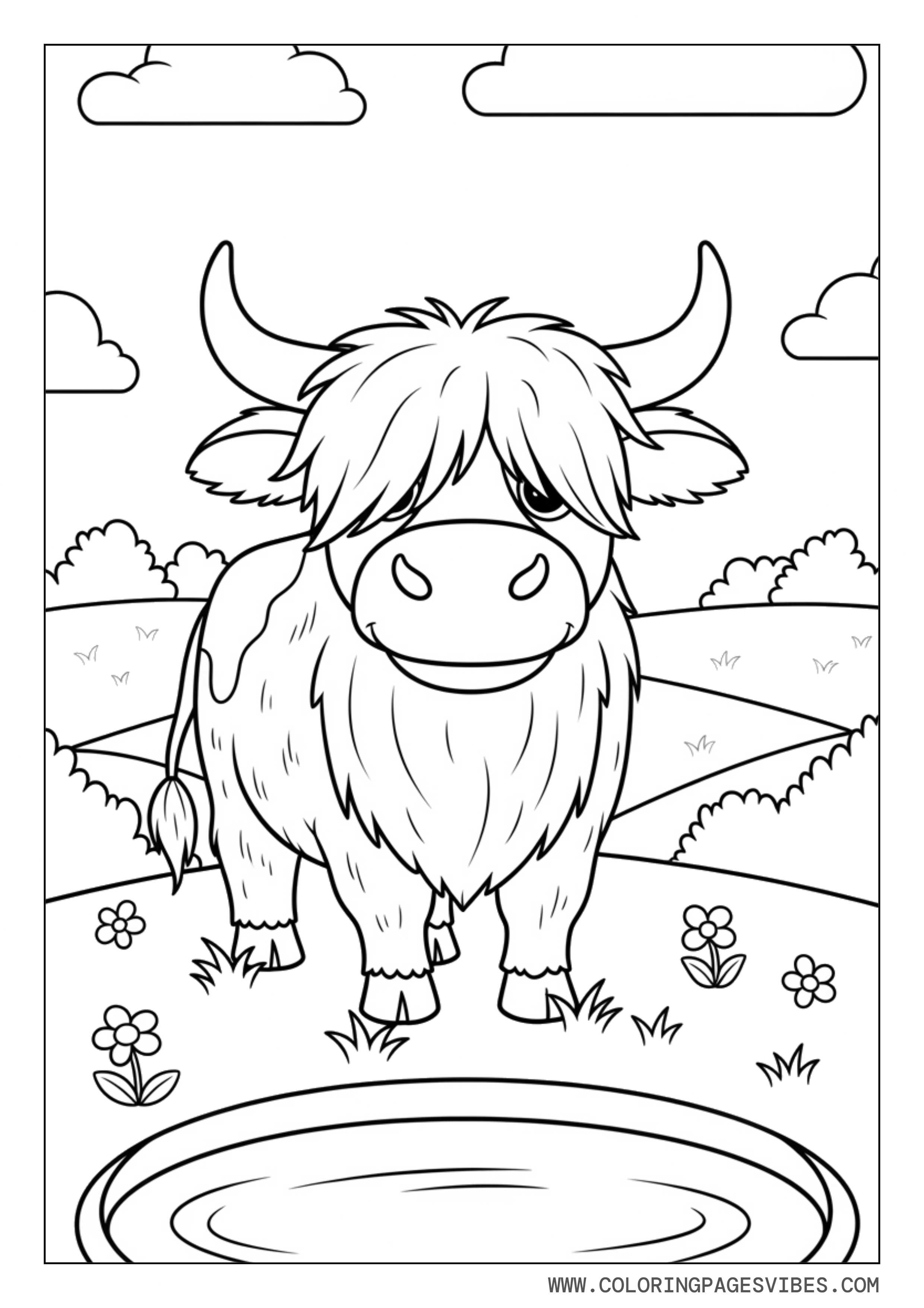 Highland Cow by Small Pond