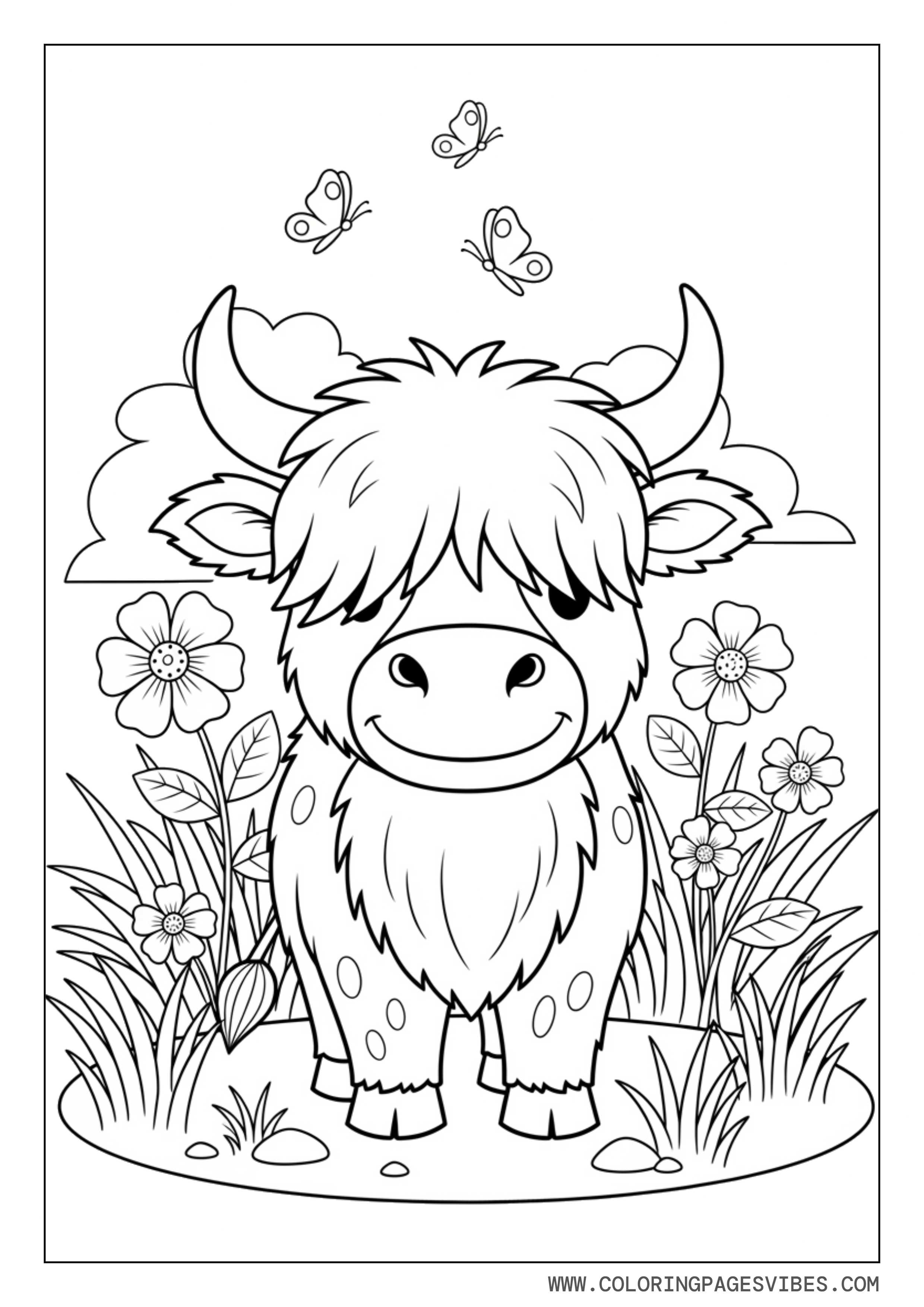 Highland Cow in Cottage Flower Garden