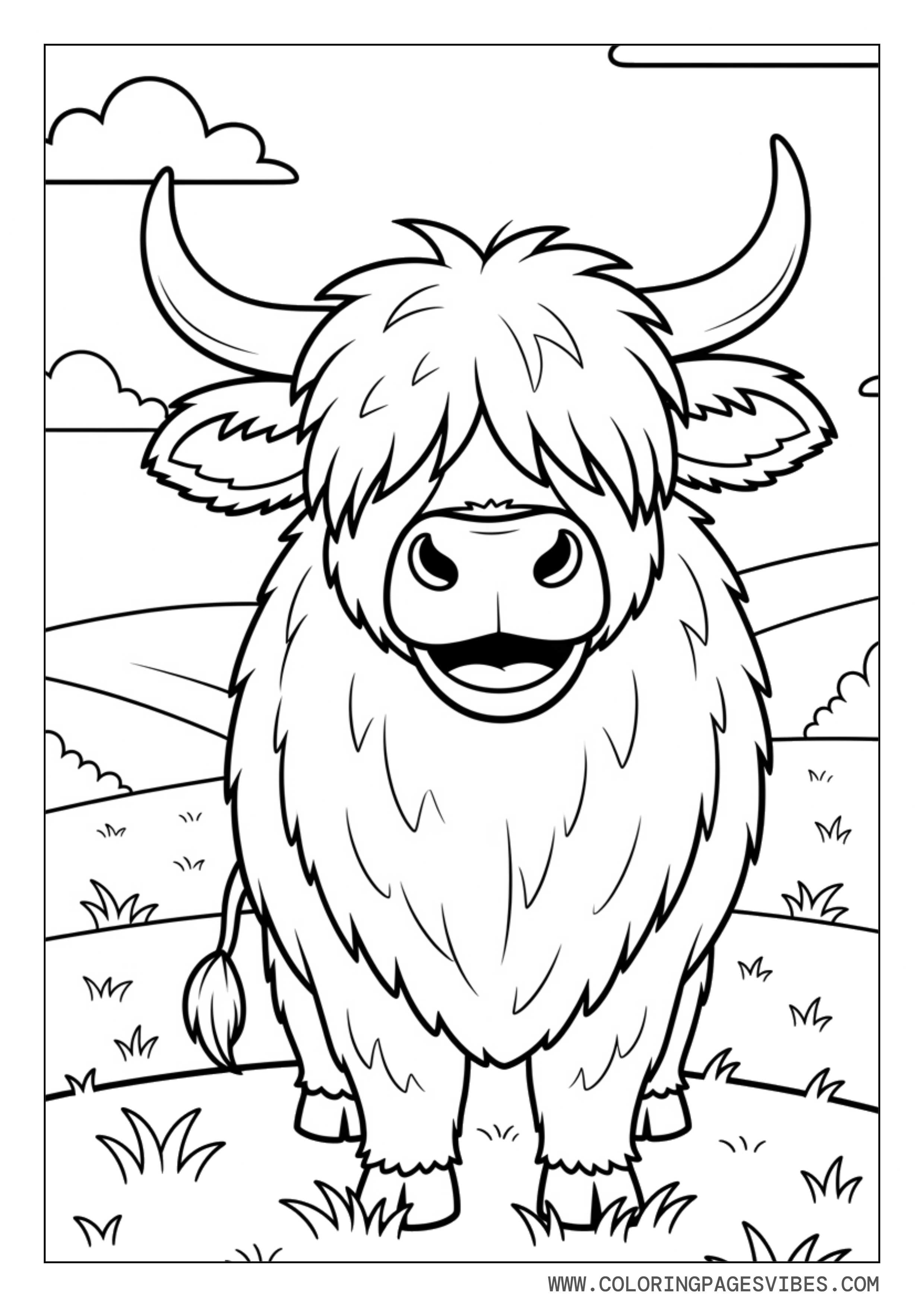 Highland Cow in Countryside Scene