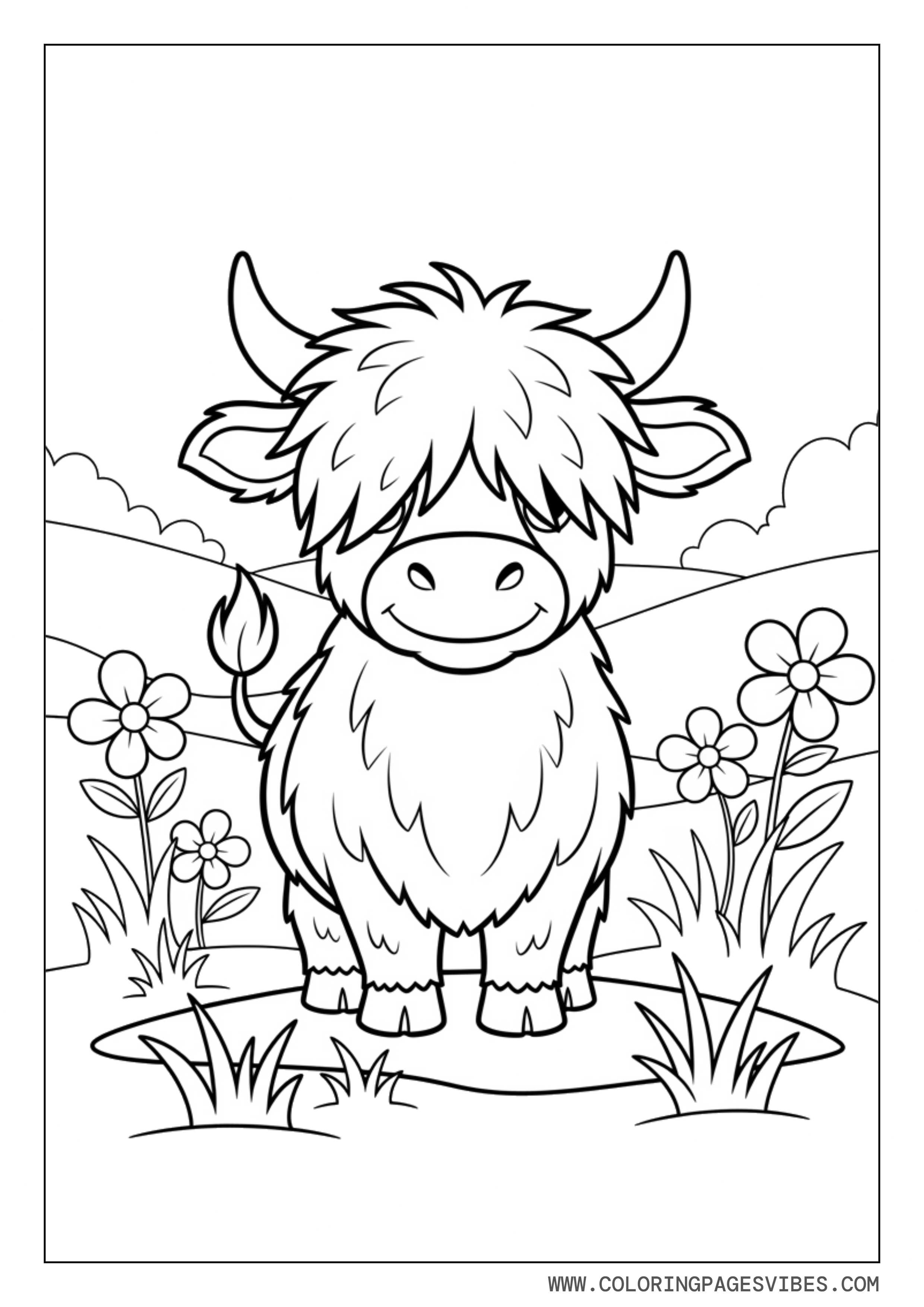 Highland Cow in Flower Field