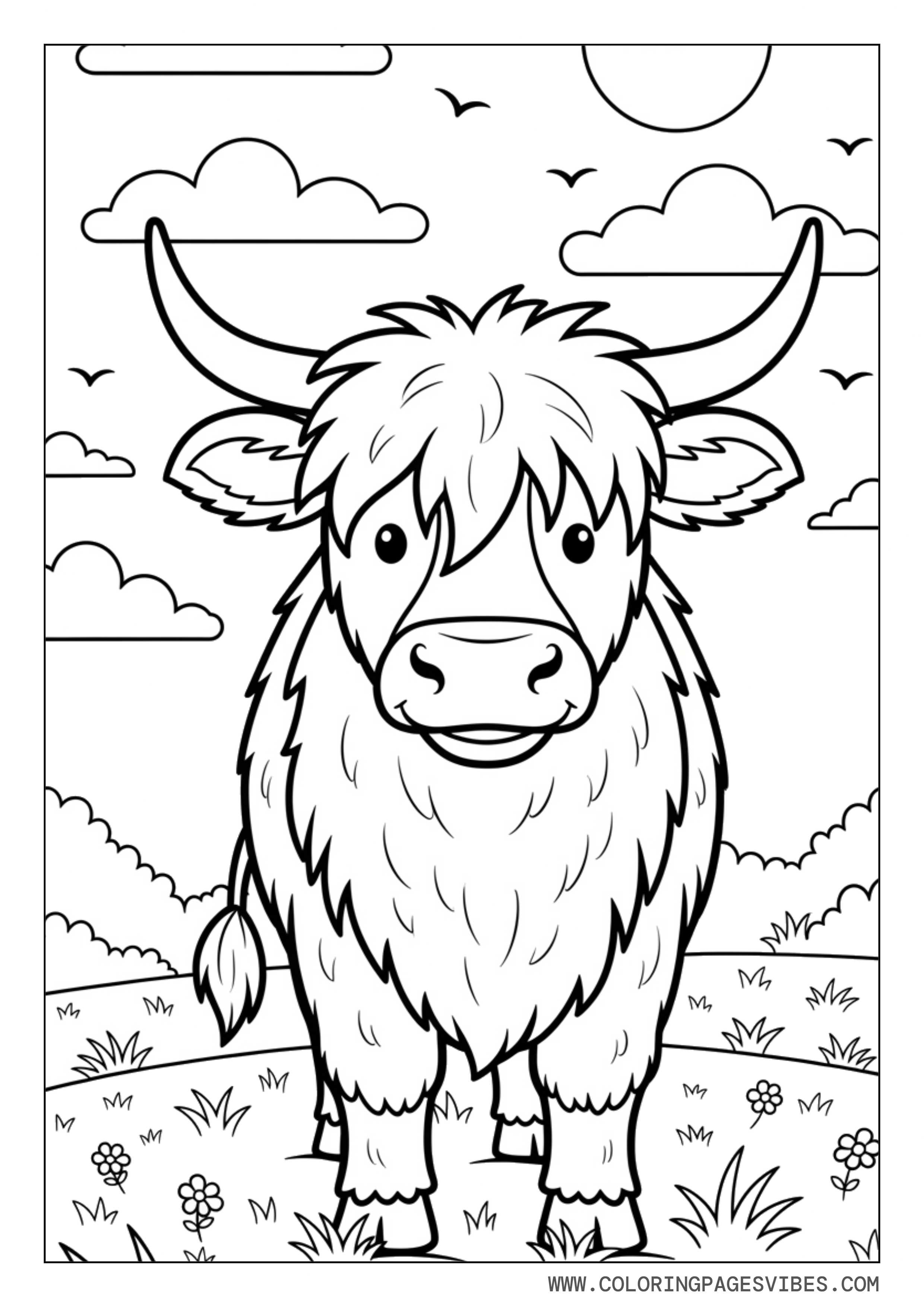 Highland Cow in Sunny Field