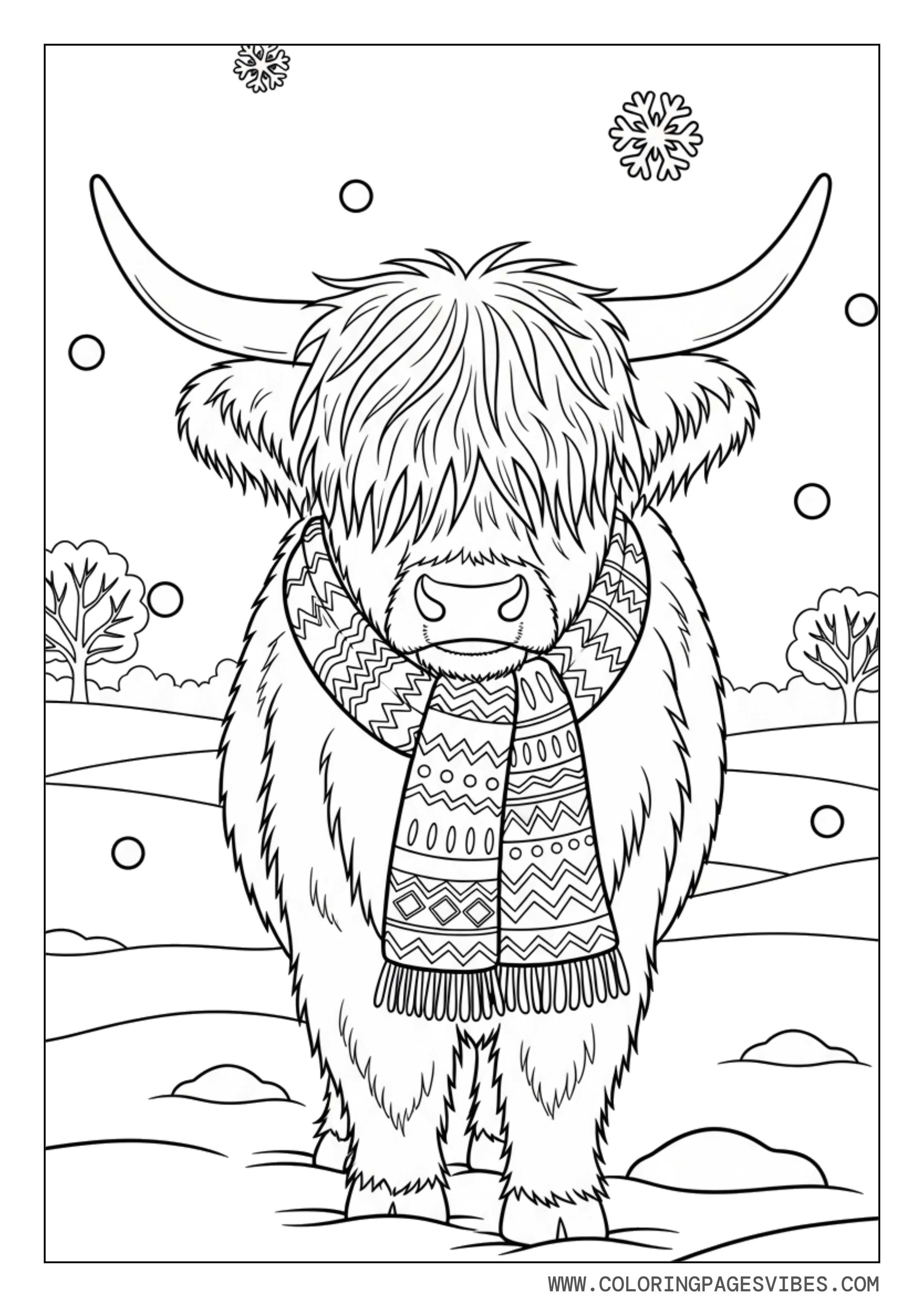 Highland Cow in Winter Snow Scene