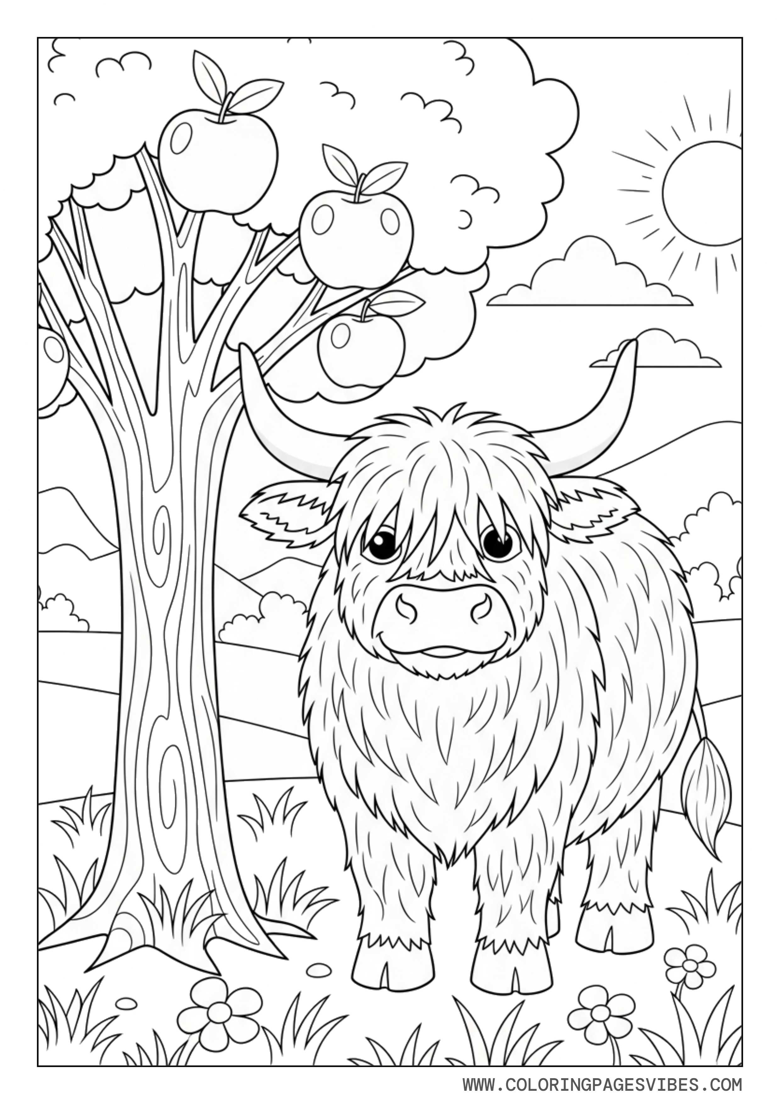 Highland Cow Near Apple Tree