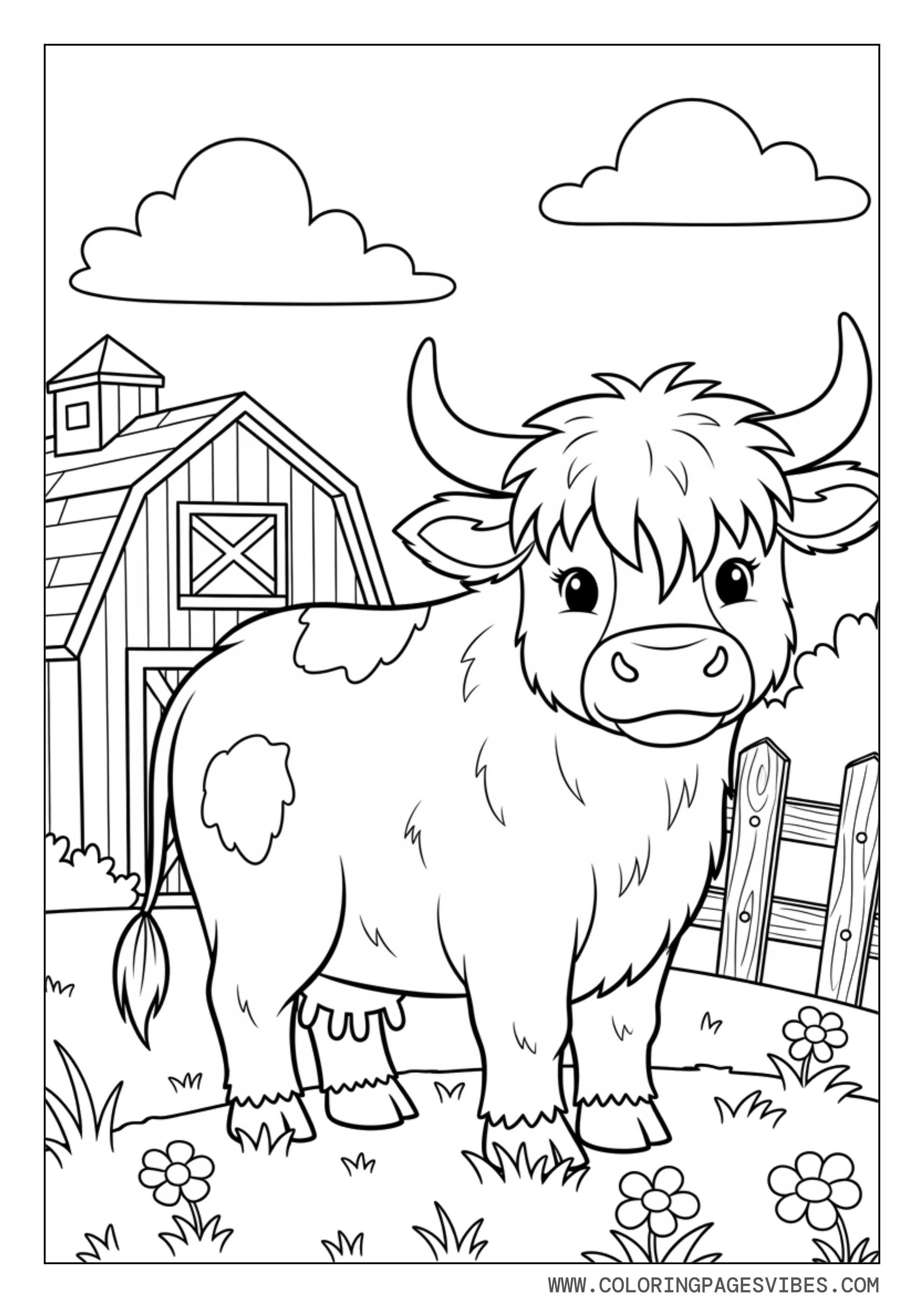 Highland Cow Near Simple Farm Barn