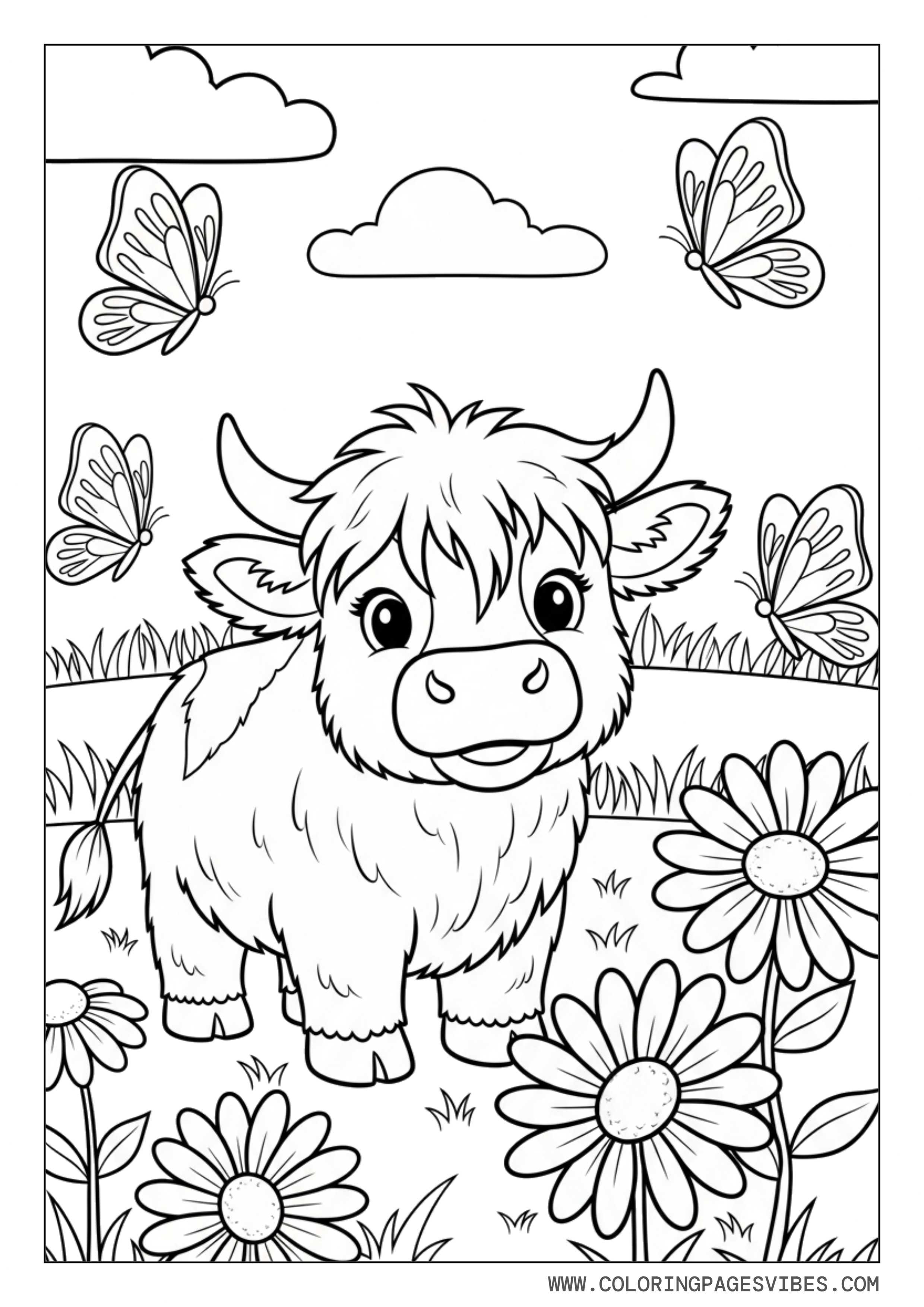 Highland Cow with Butterfly Garden