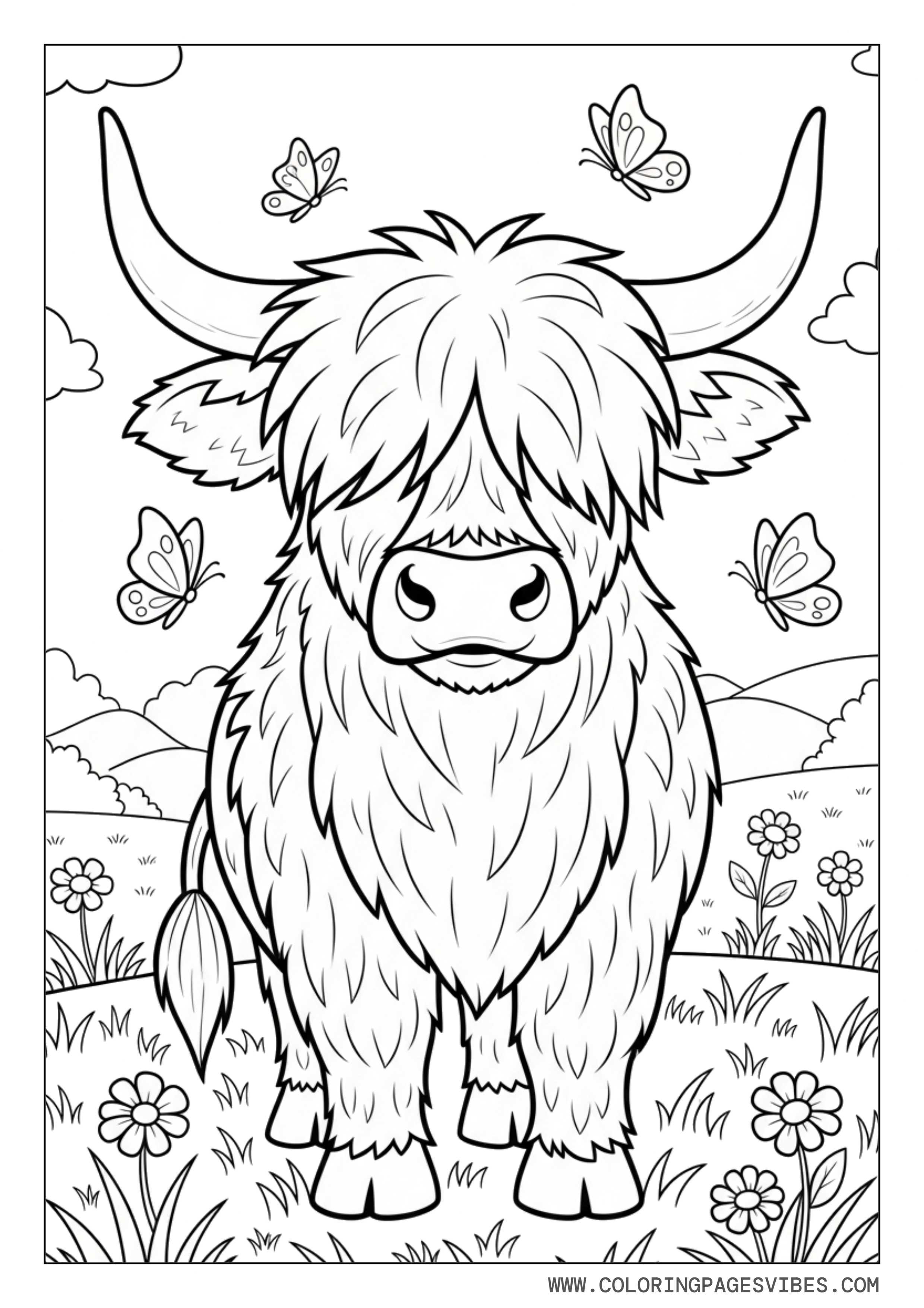 Highland Cow with Cottage Flowers