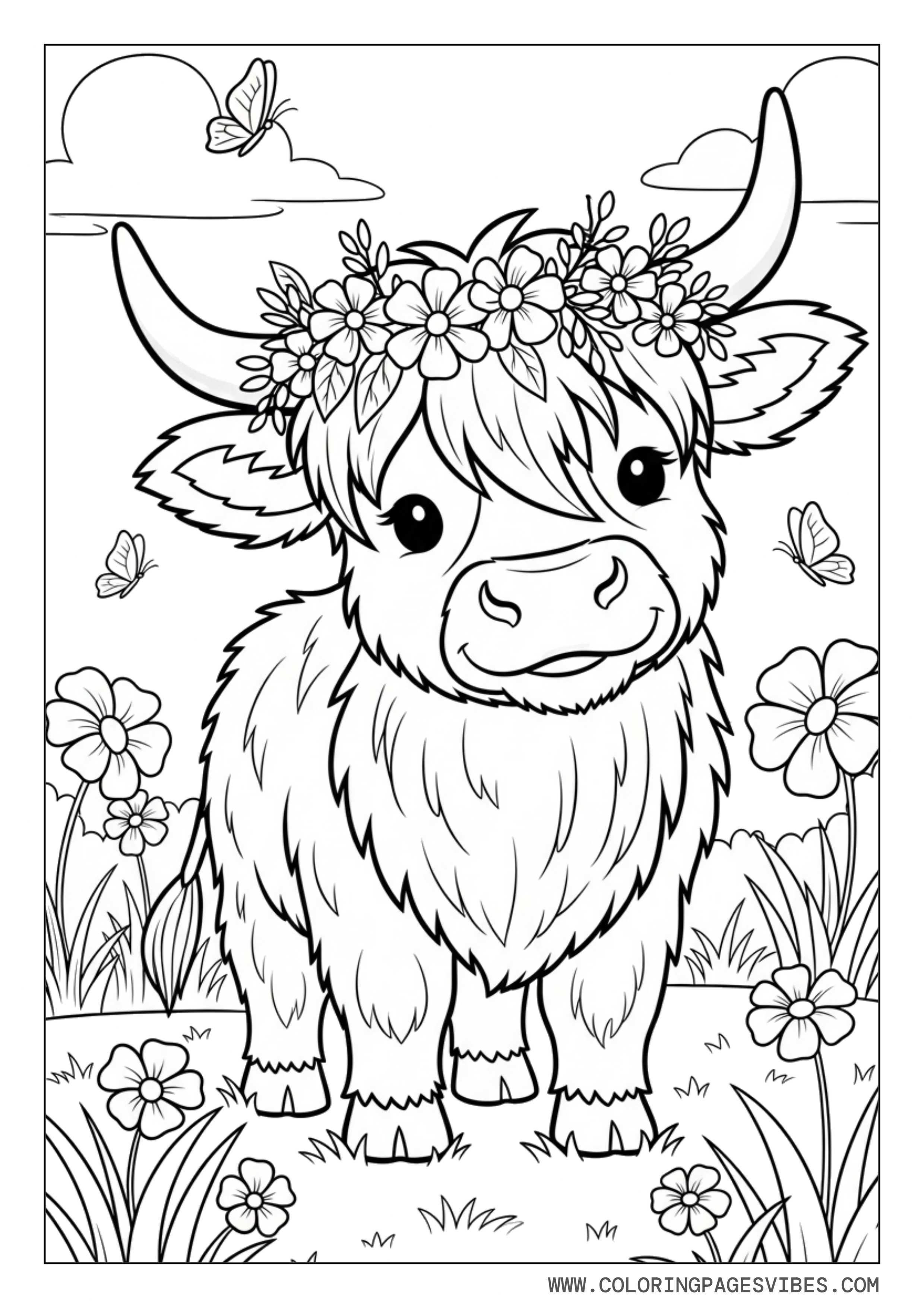 Highland Cow with Flower Crown in Meadow