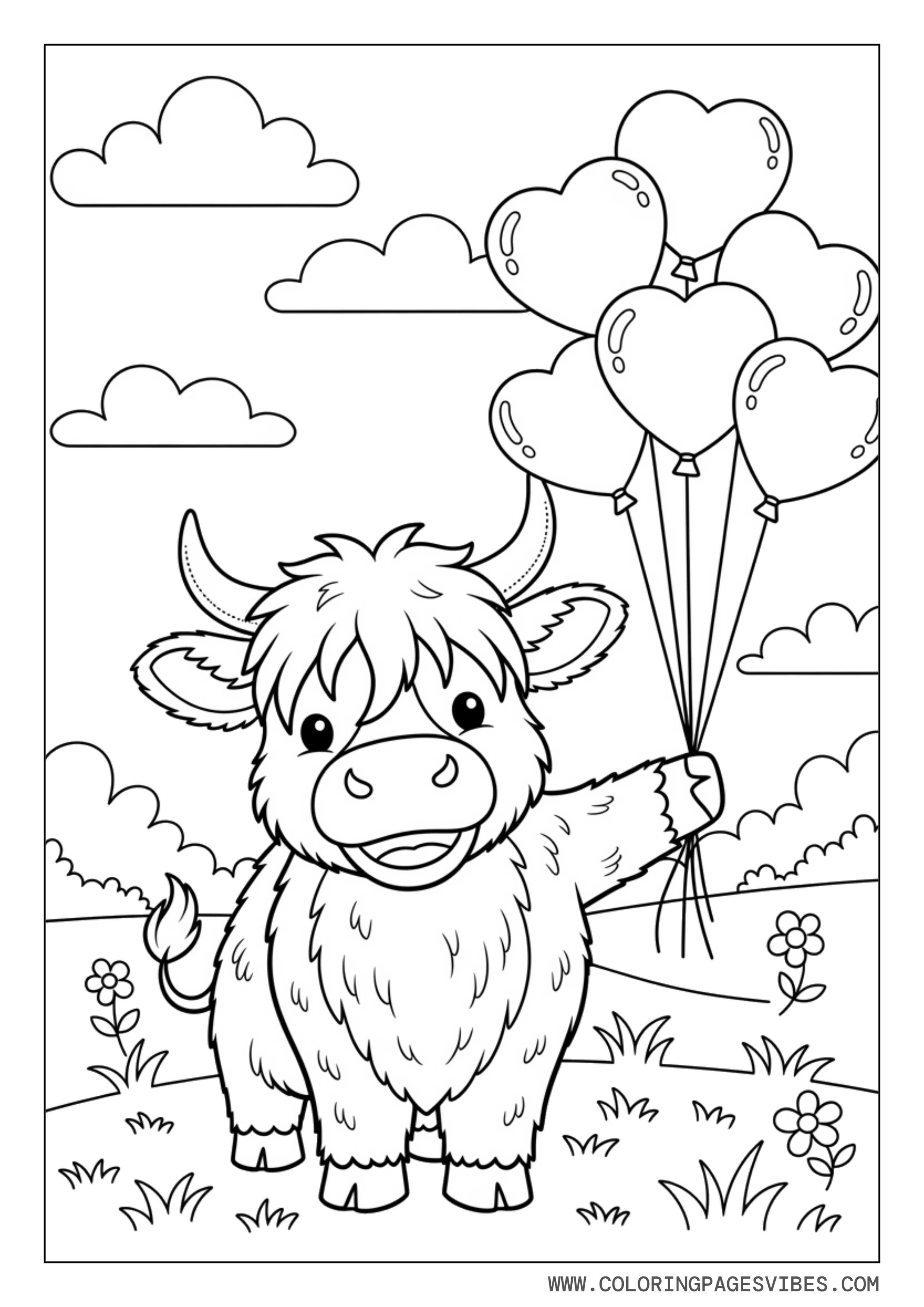 Highland Cow with Heart Balloons
