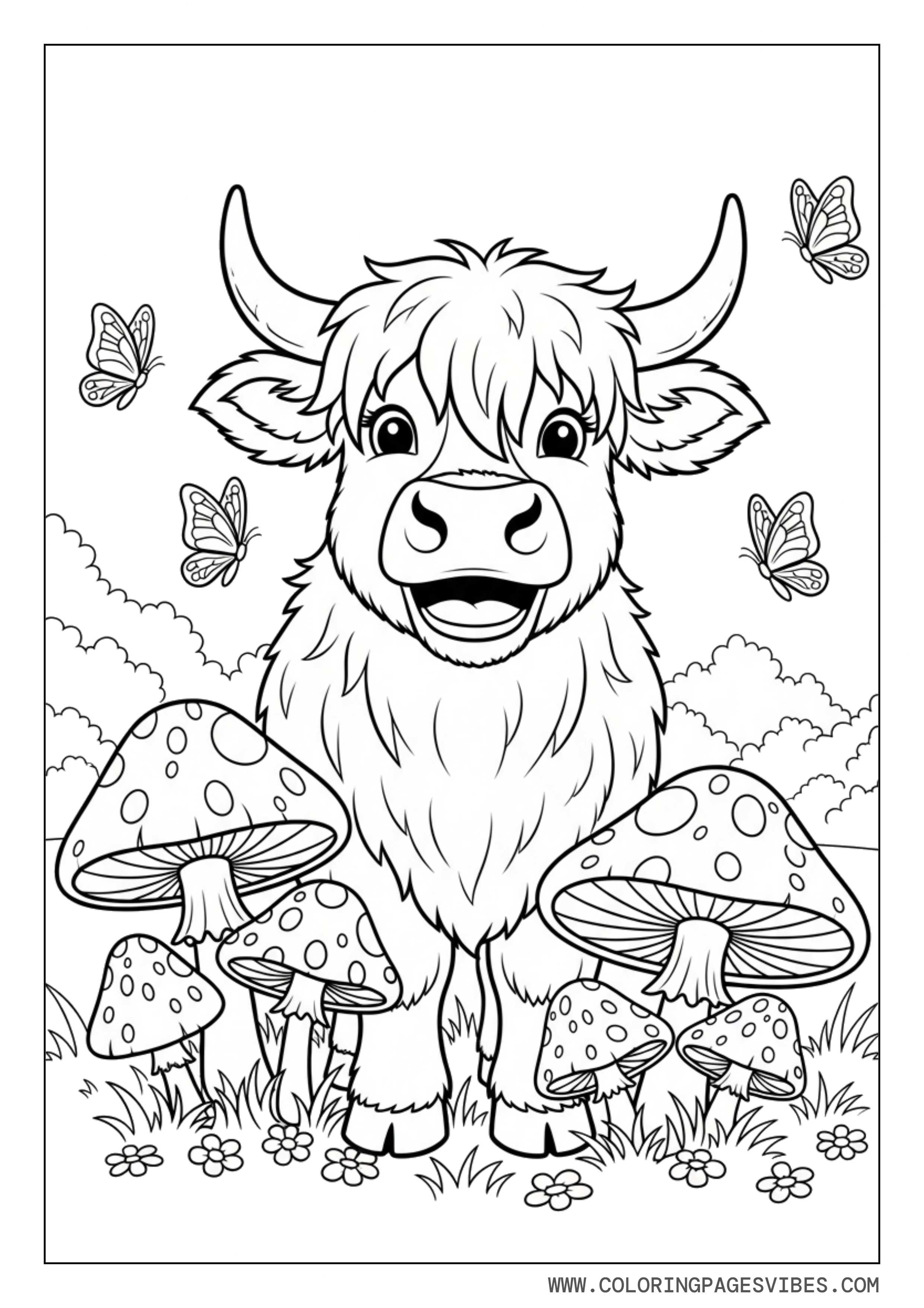 Highland Cow with Mushrooms and Butterflies