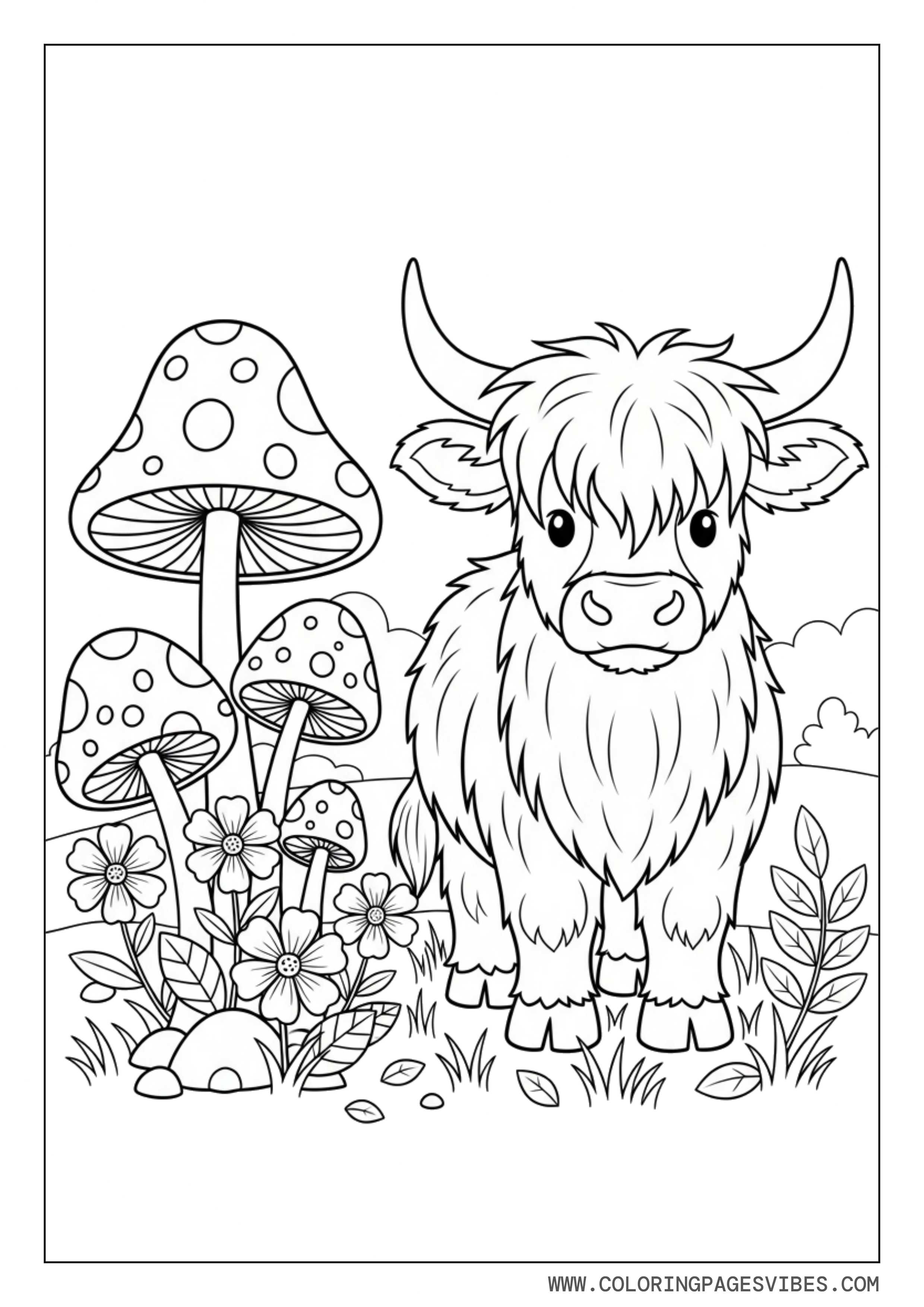 Highland Cow with Mushrooms and Flowers