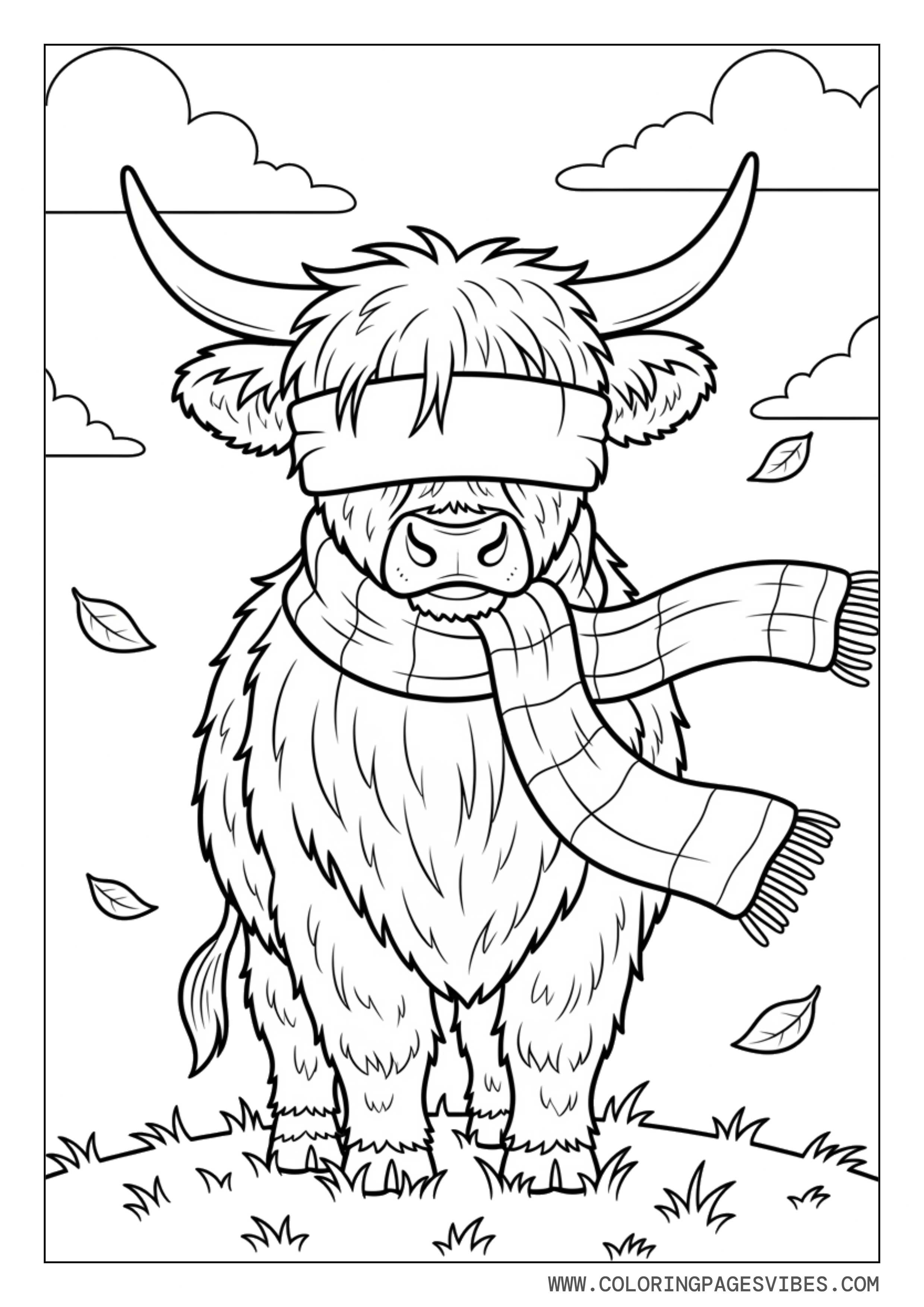 Highland Cow with Scarf in Windy Field