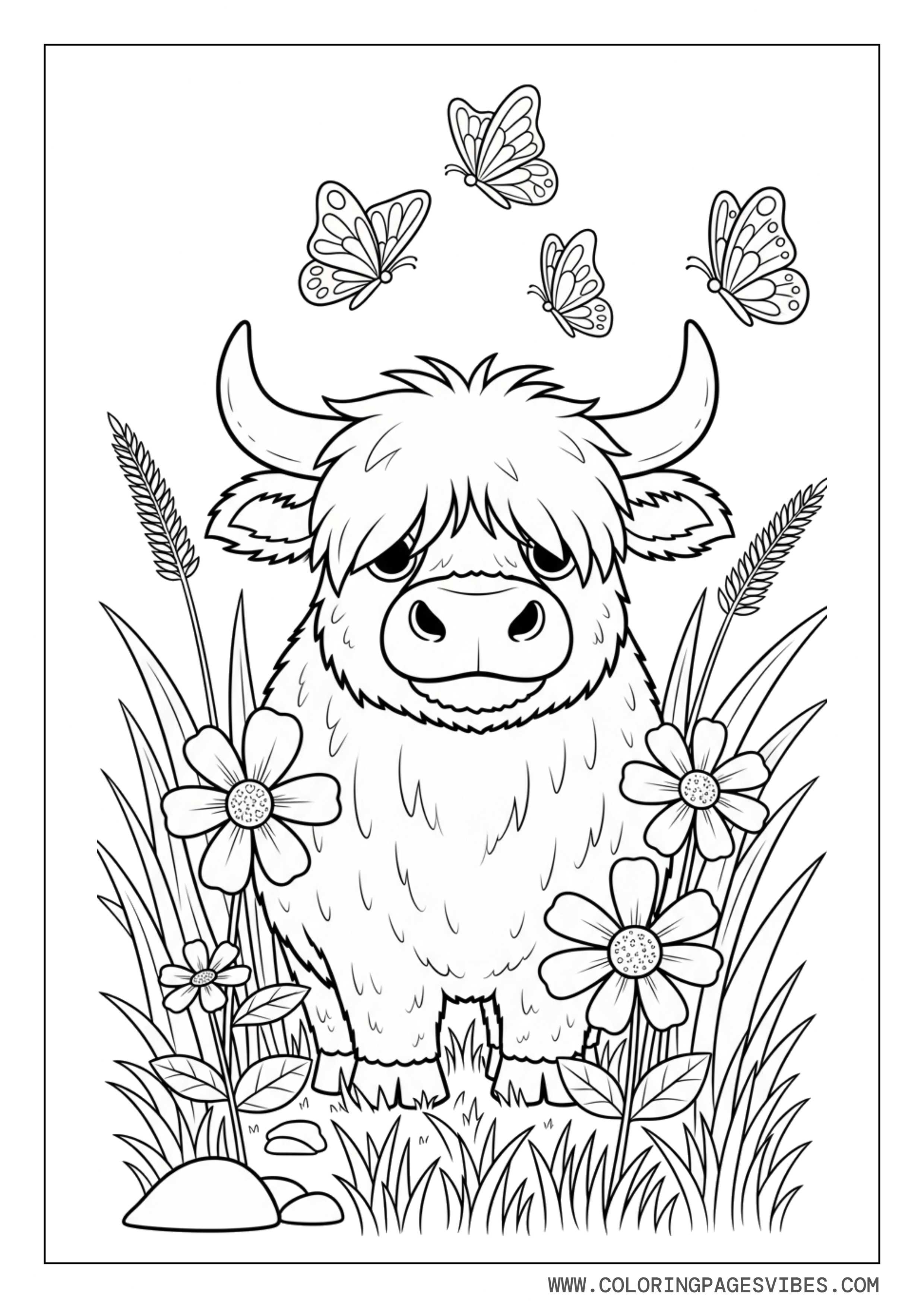 Highland Cow with Spring Flowers