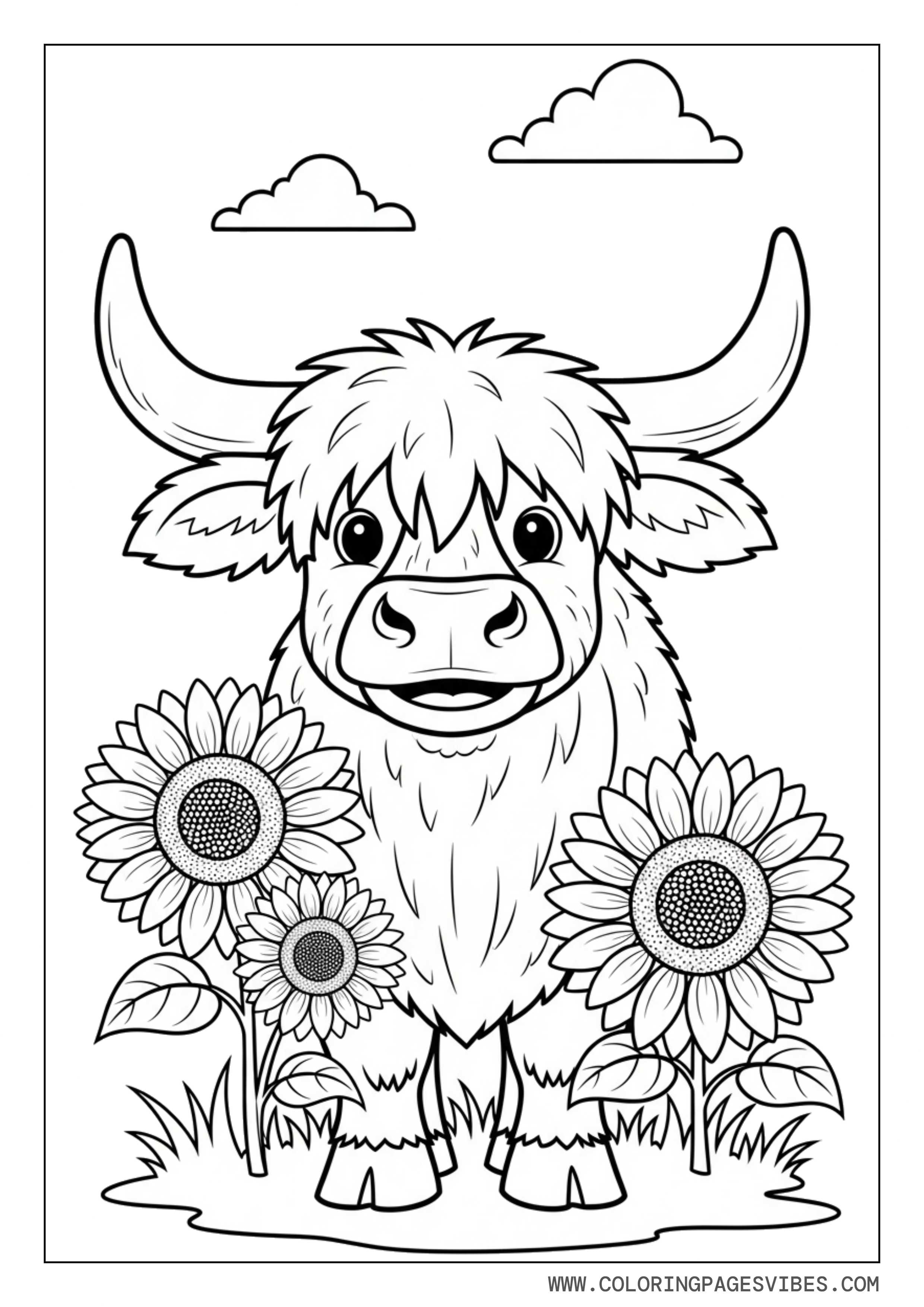 Highland Cow with Sunflowers