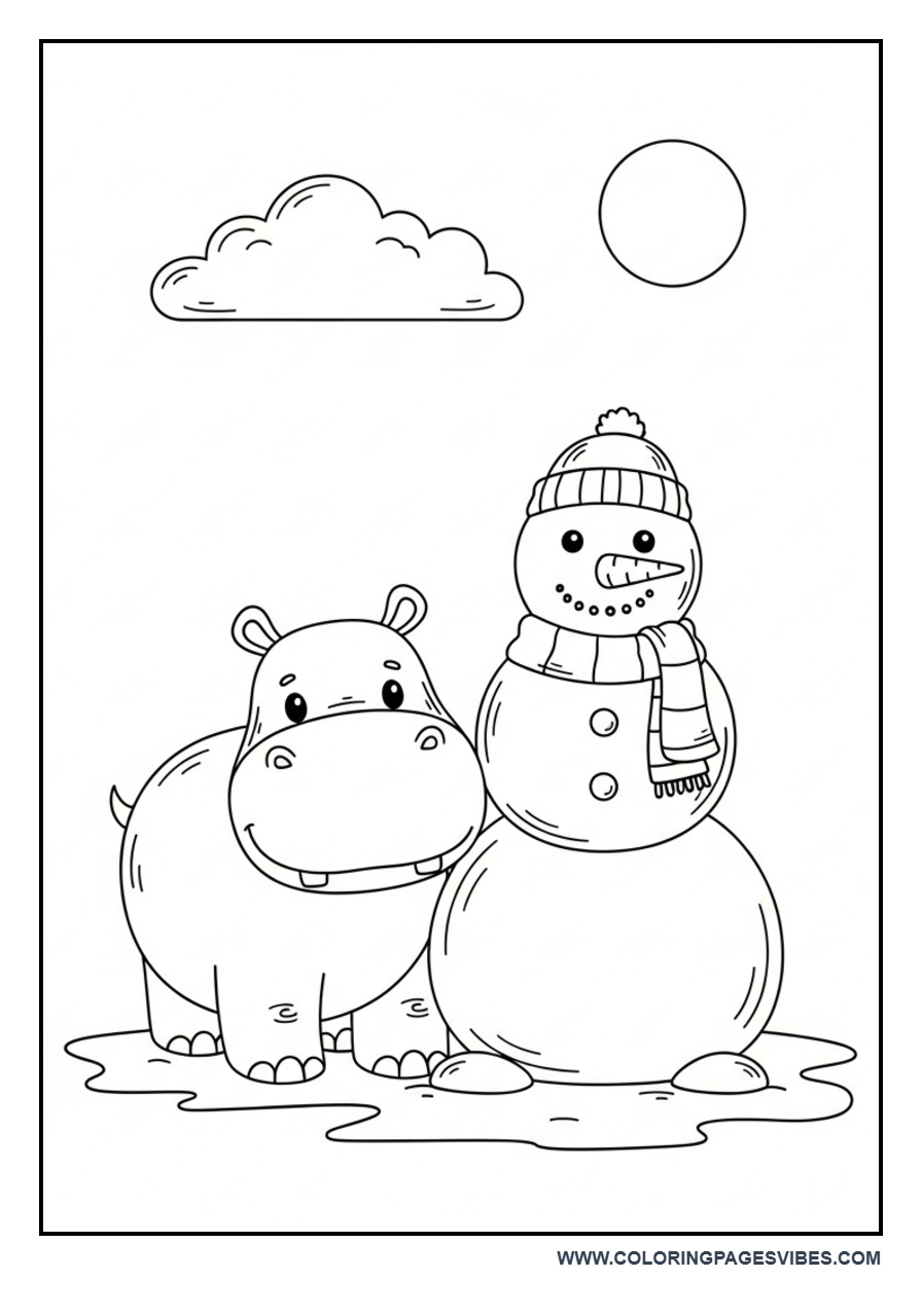 Hippo Building a Snowman