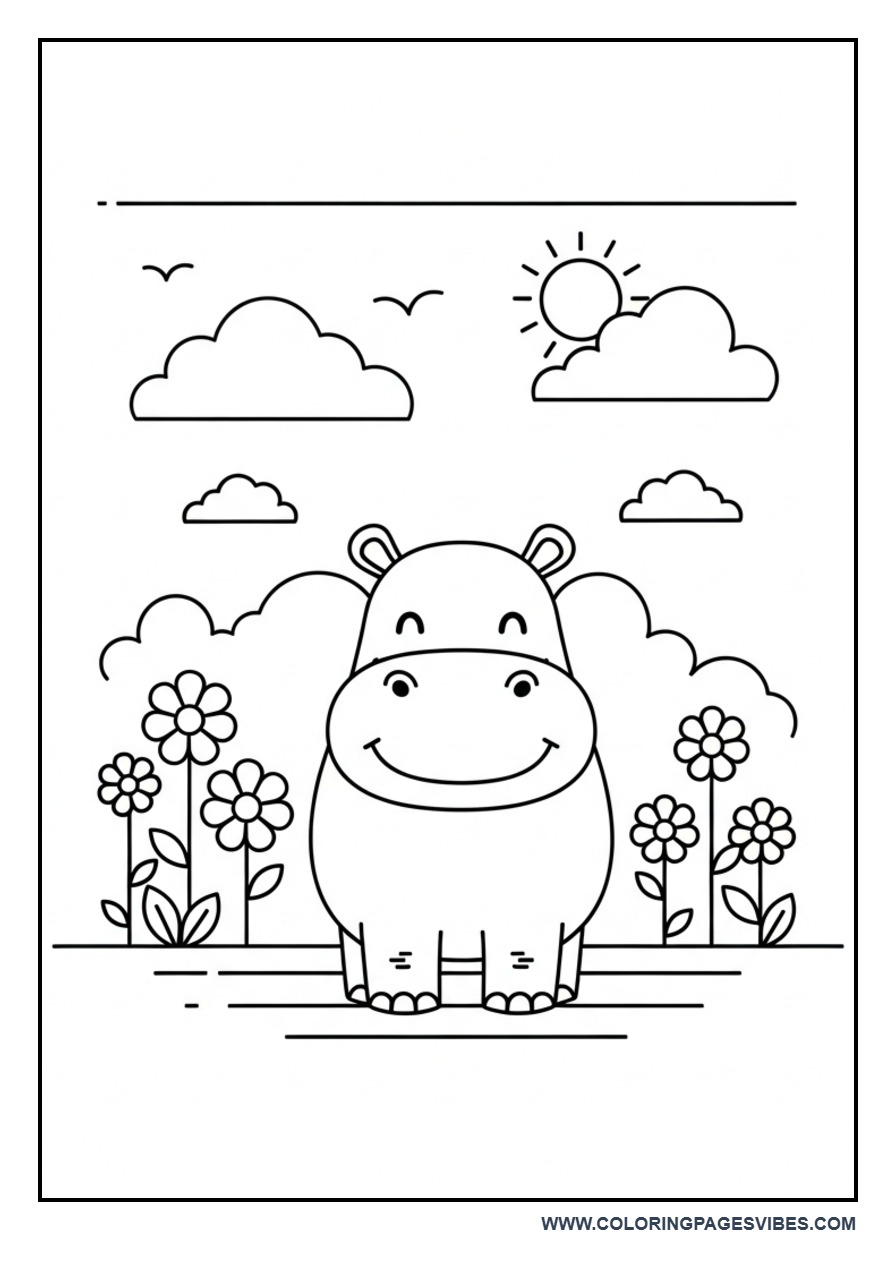 Hippo in a Flower Garden