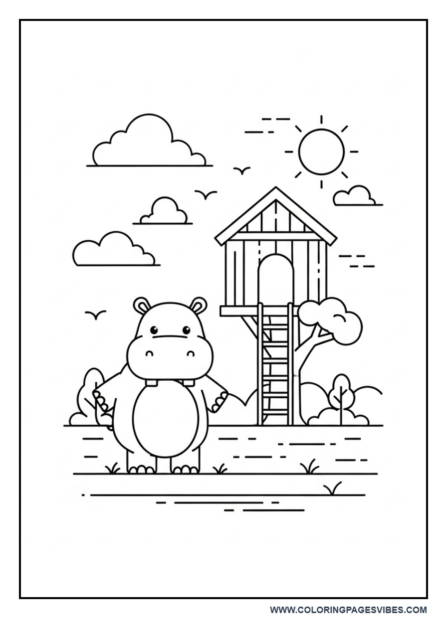 Hippo in a Simple Treehouse Scene