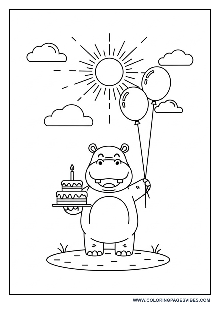 Hippo Playing with Balloons and Cake