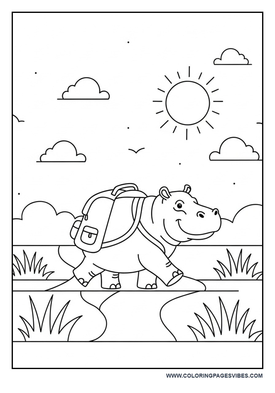 Hippo with a Backpack on a Path