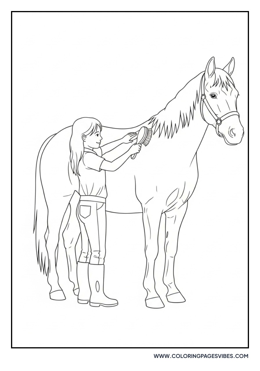 Girl Brushing Horse