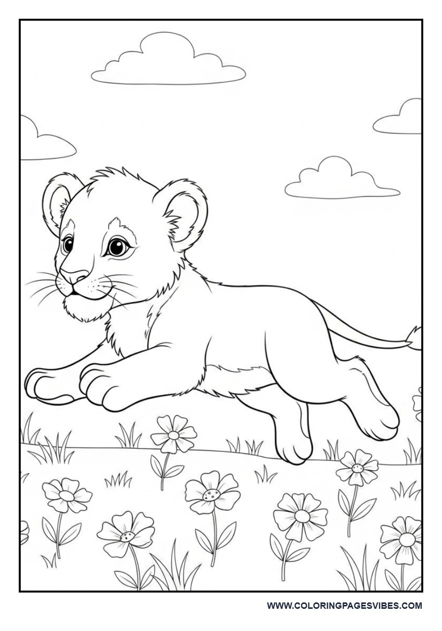 Baby Lion Playing in Flowers Field