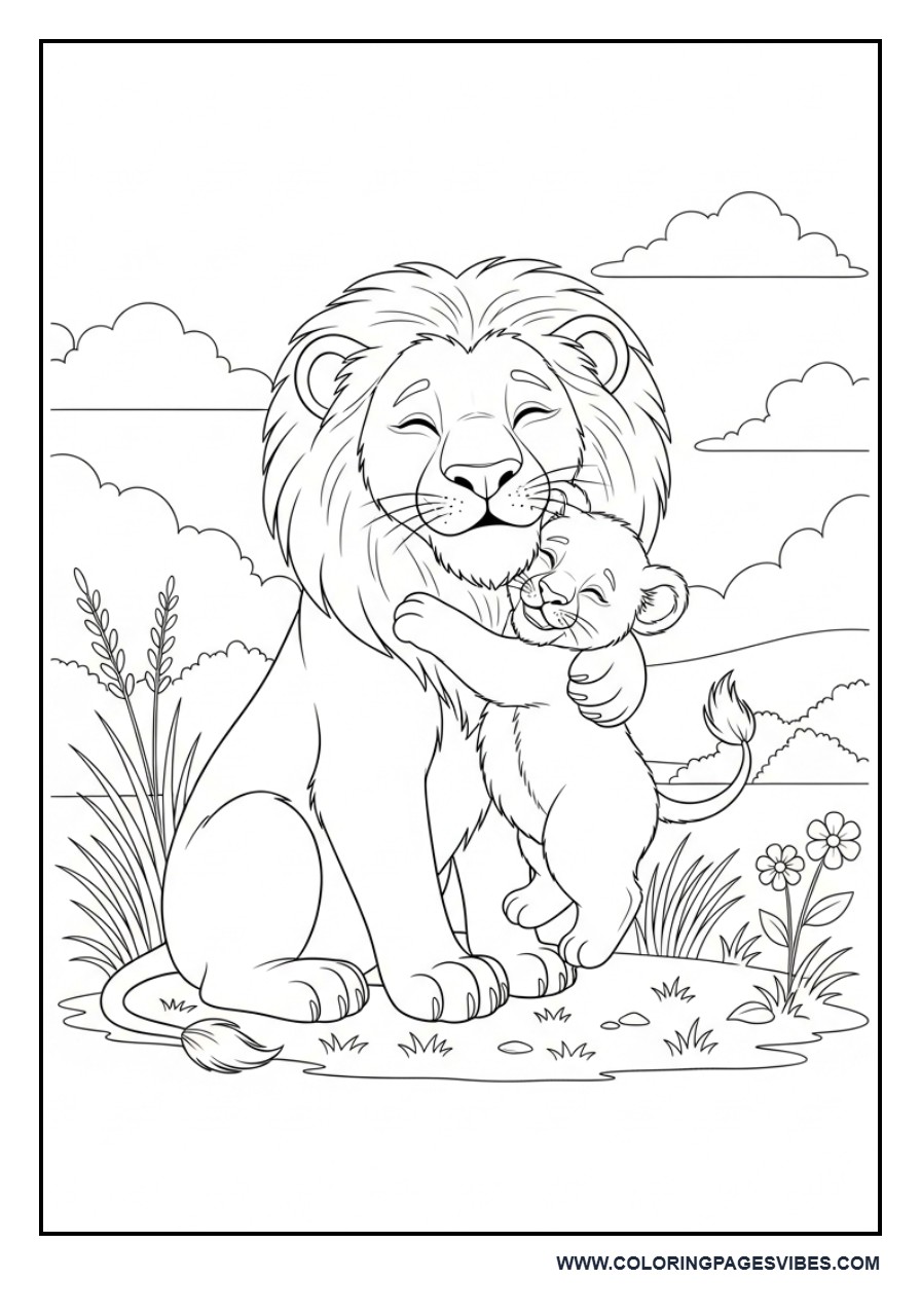 Cute Lion Hugging Cub
