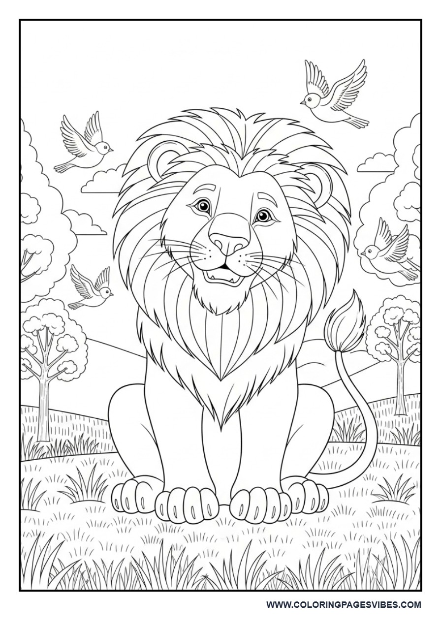 Friendly Lion with Birds Around