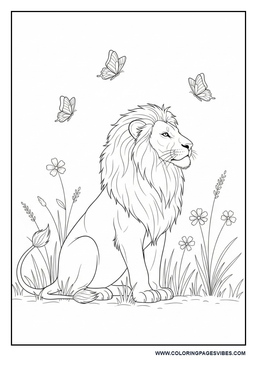 Lion and Butterfly Garden Scene