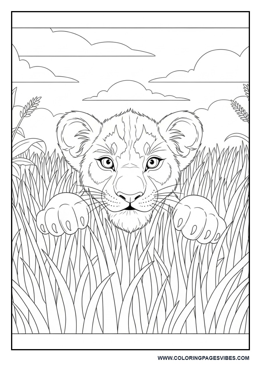 Lion Cub Hiding in Grass