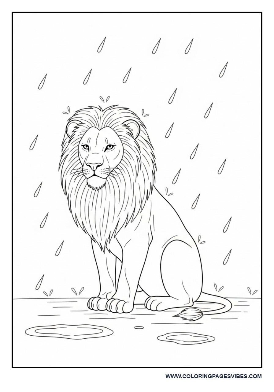 Lion in Rain Scene