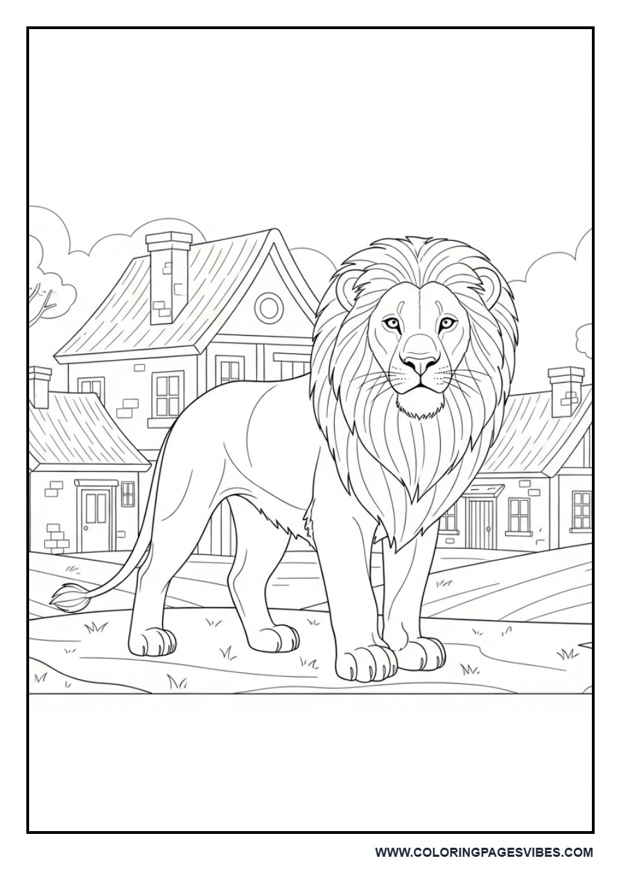 Lion in Simple Village Scene