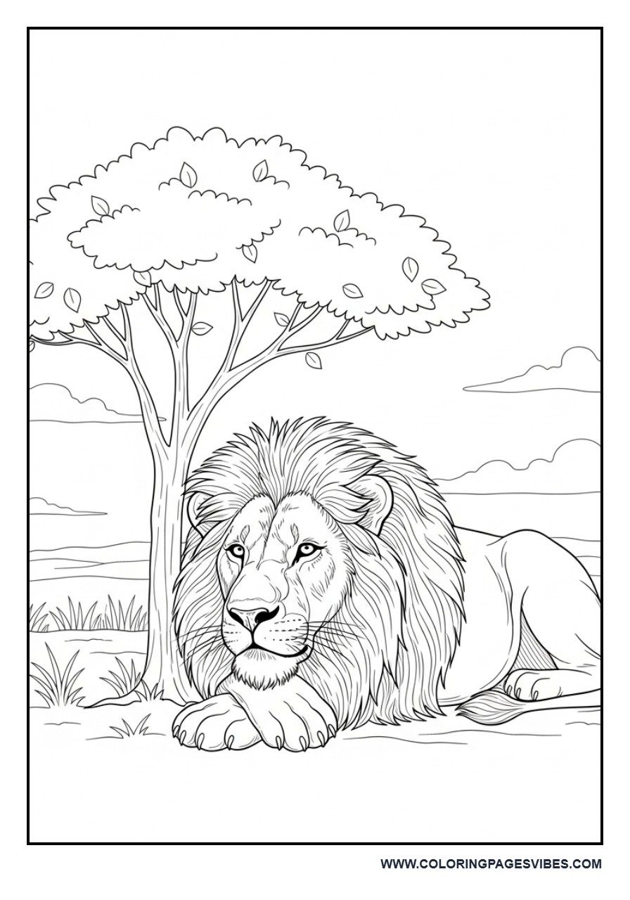 Lion Resting Under Tree