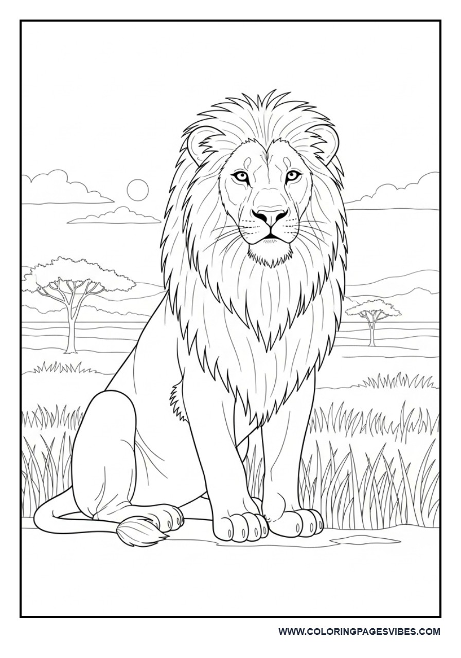 Lion Sitting in Savanna Realistic Style
