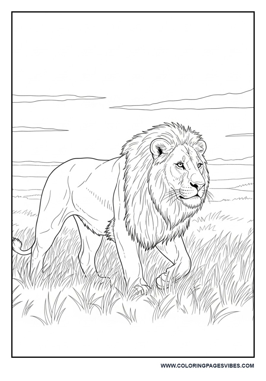 Lion Walking in Grassland