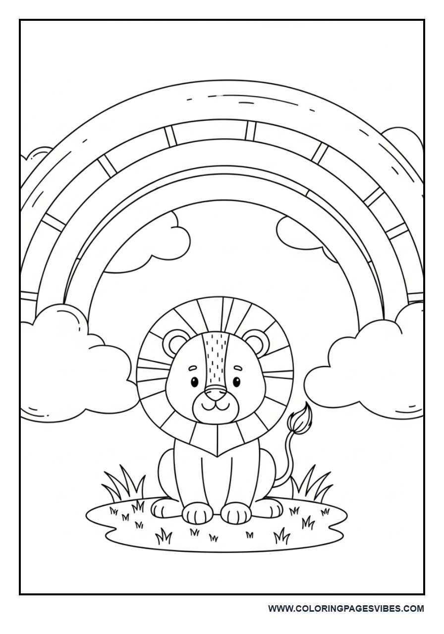 Smiling Lion Under Rainbow