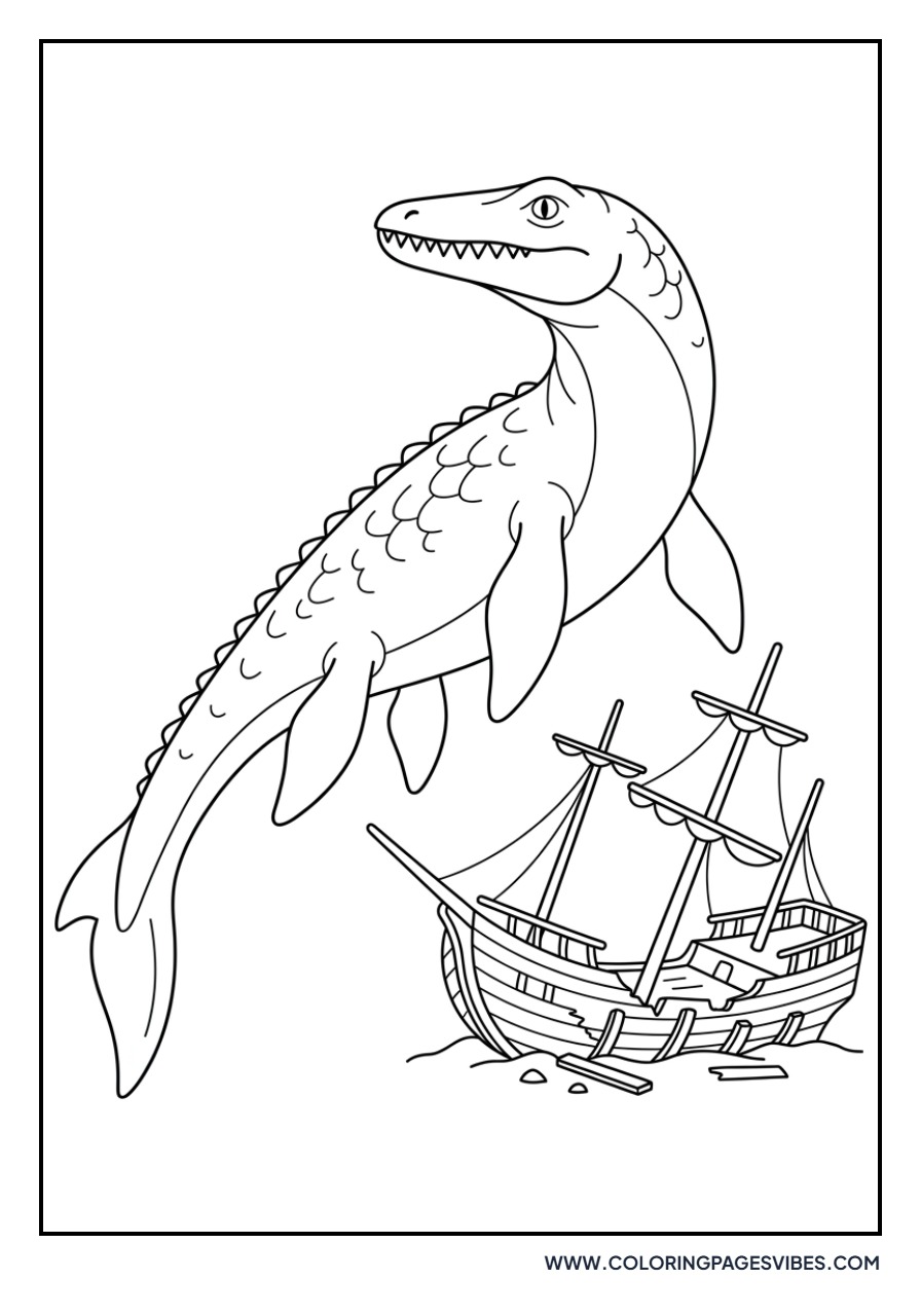Mosasaurus Near Sunken Ship