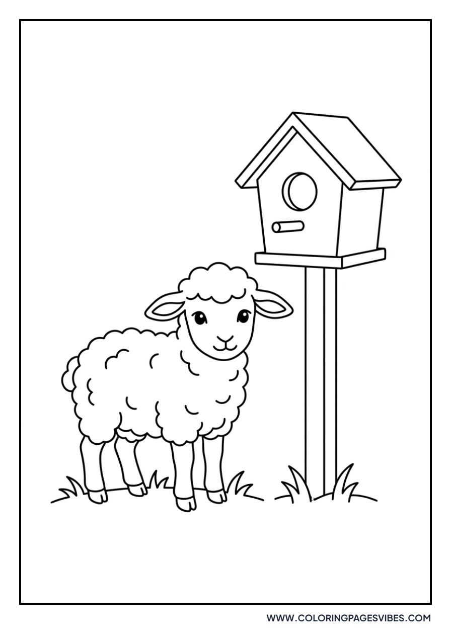 Spring Lamb with Birdhouse