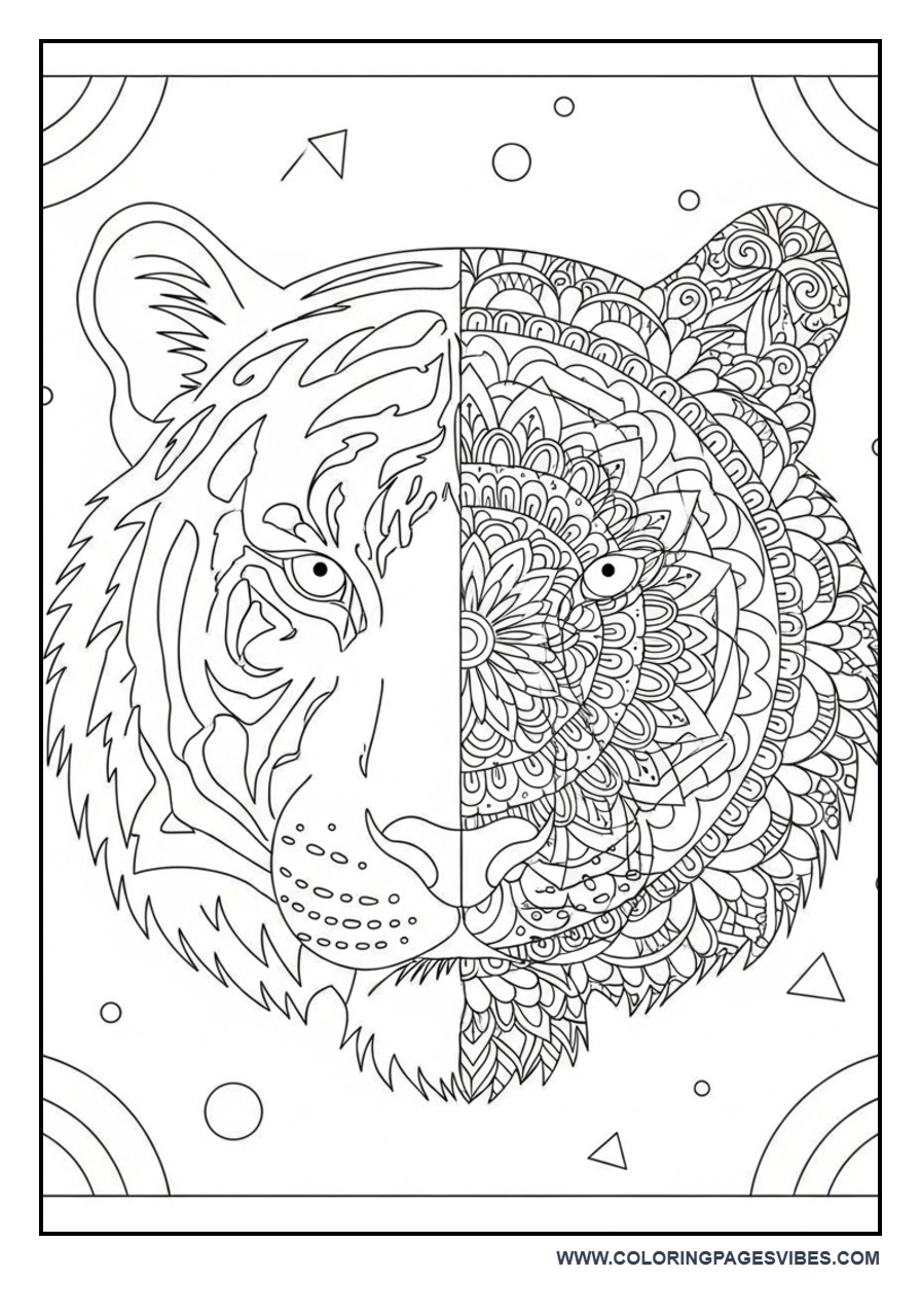 Half Realistic Half Mandala Tiger Face