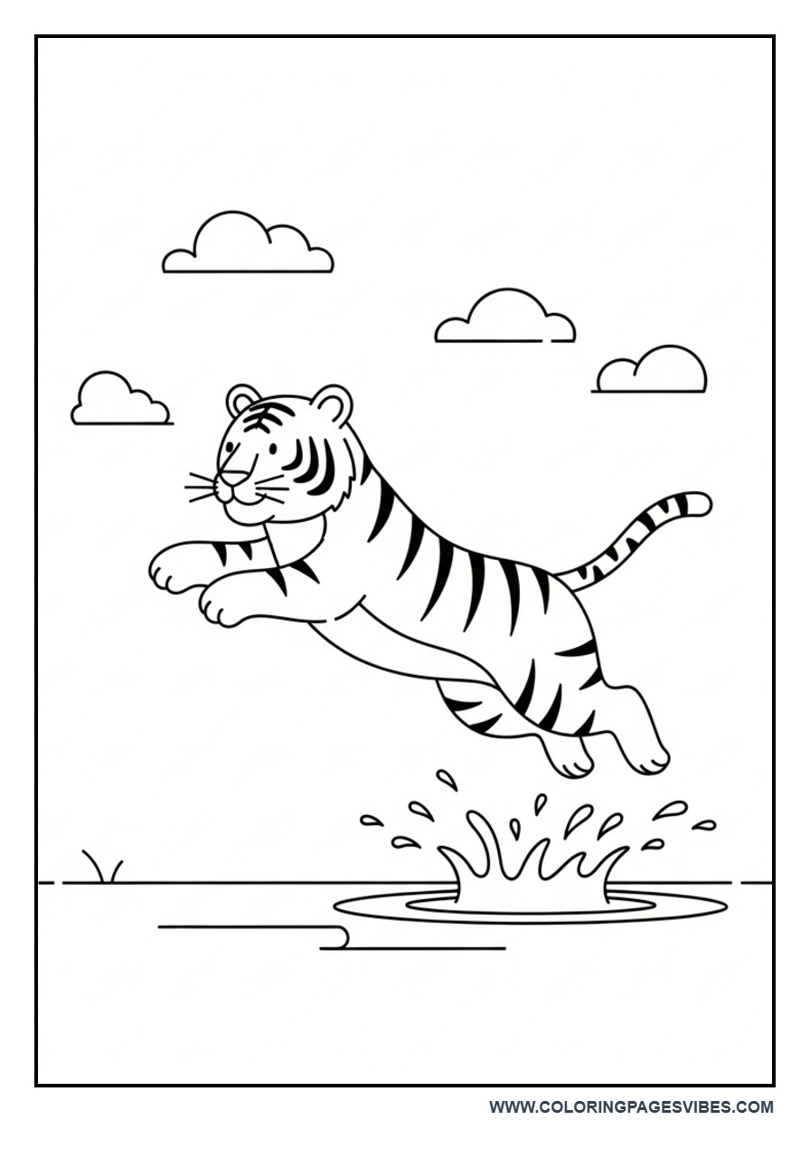 Tiger Jumping in Puddle